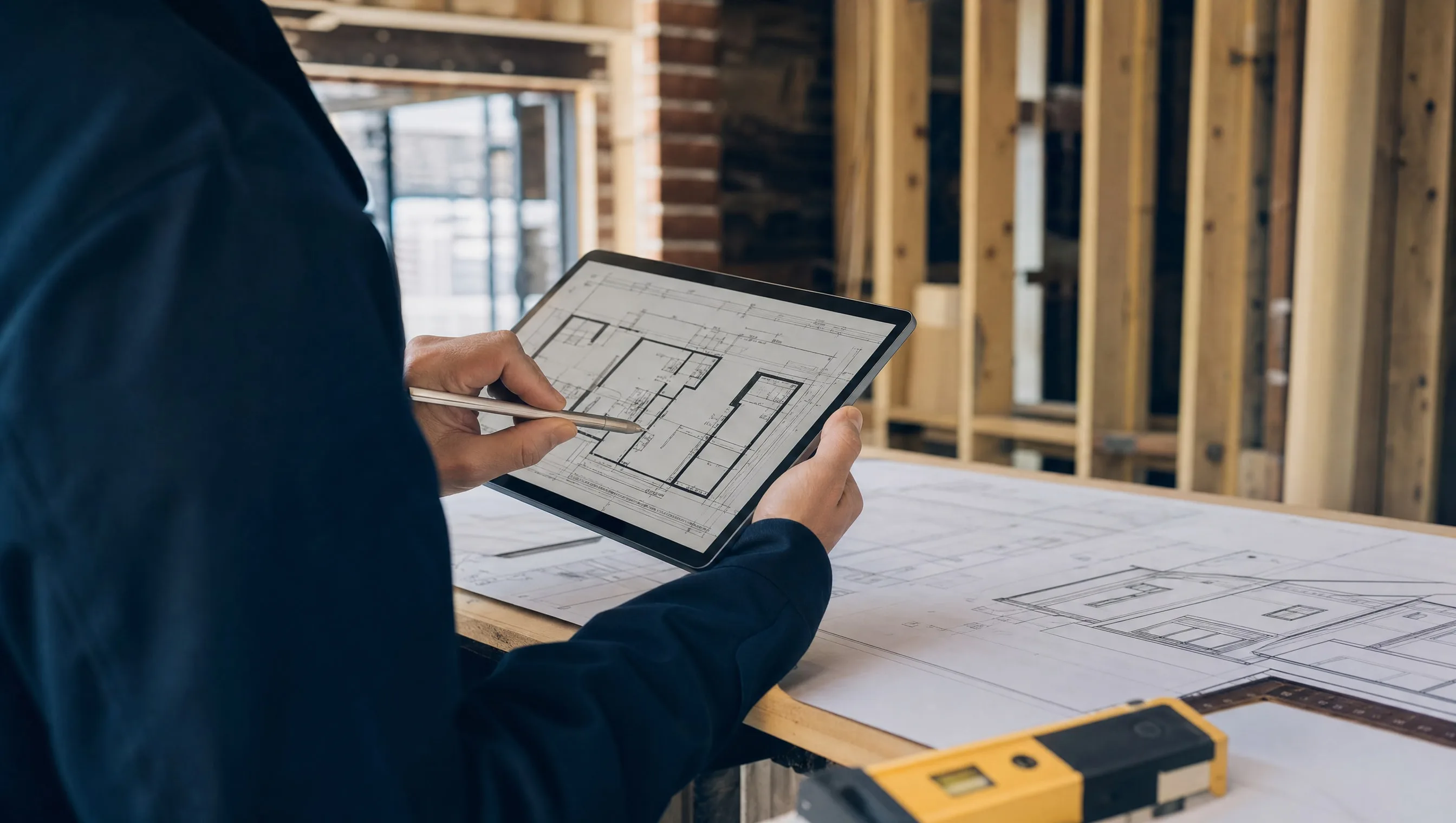 expert auditing construction plans on a tablet