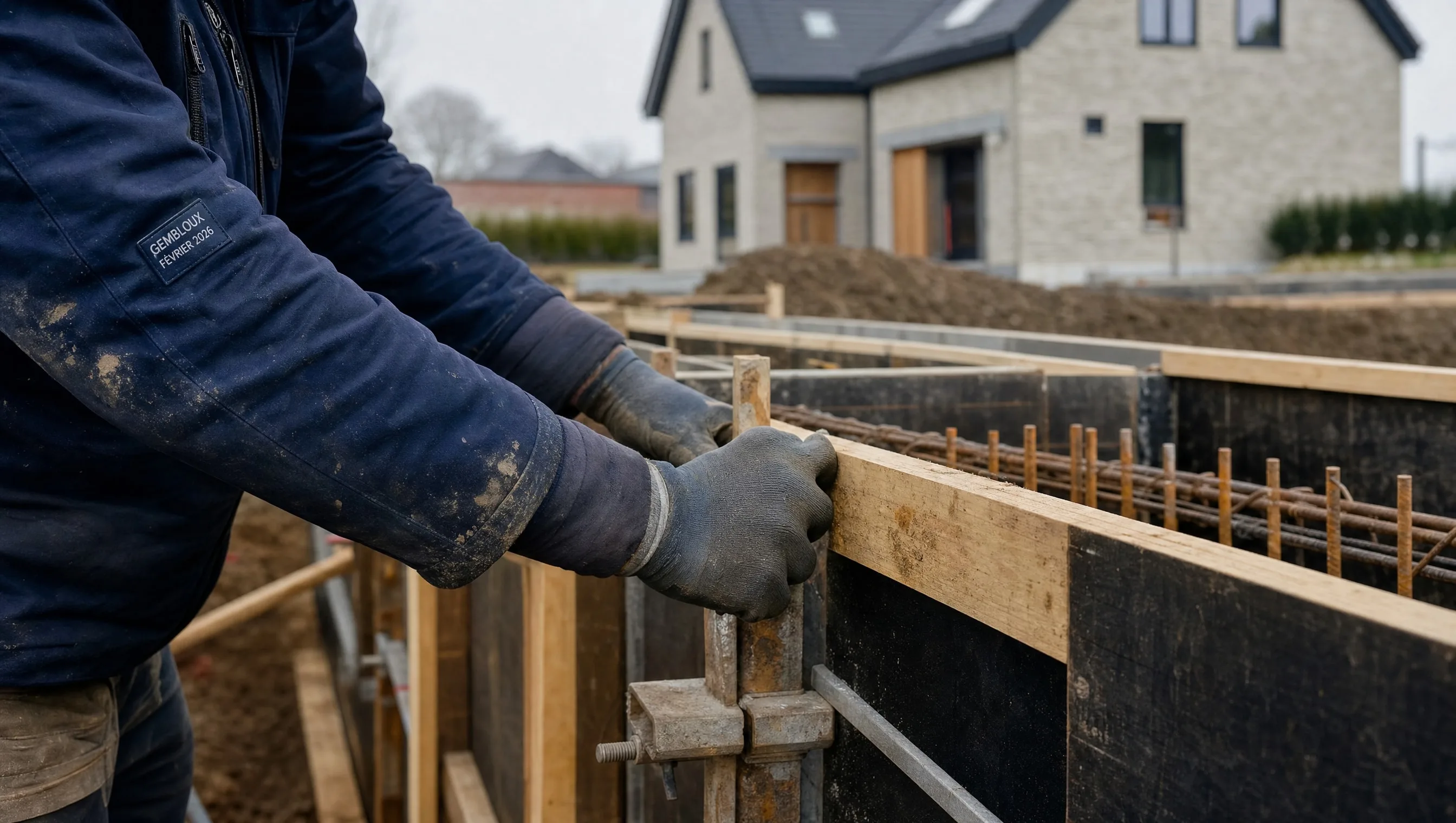 Detached villa site in Gembloux, worker checking the formwork, February 2026