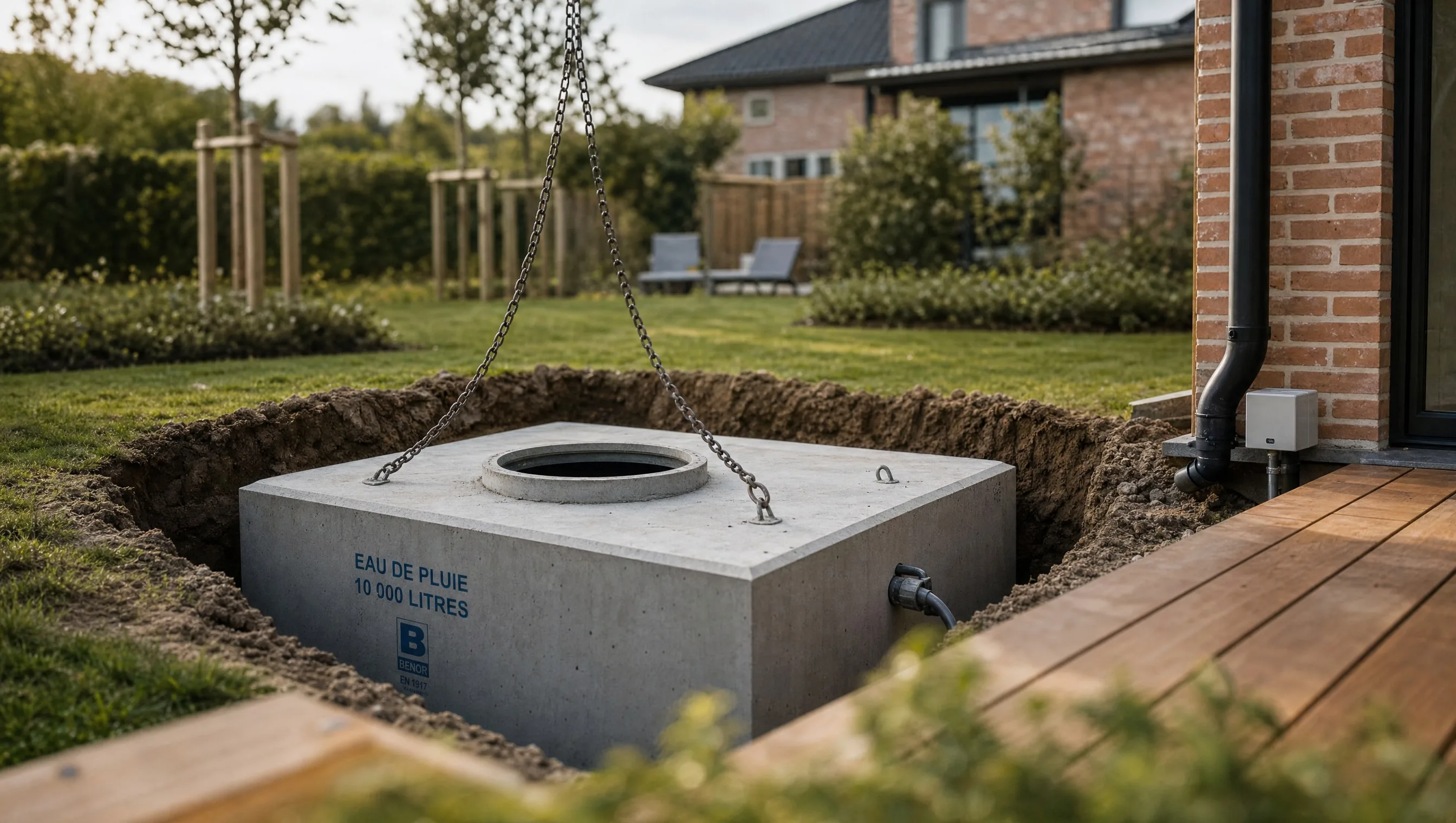 10,000-litre concrete rainwater tank buried in the garden of a 4-façade villa