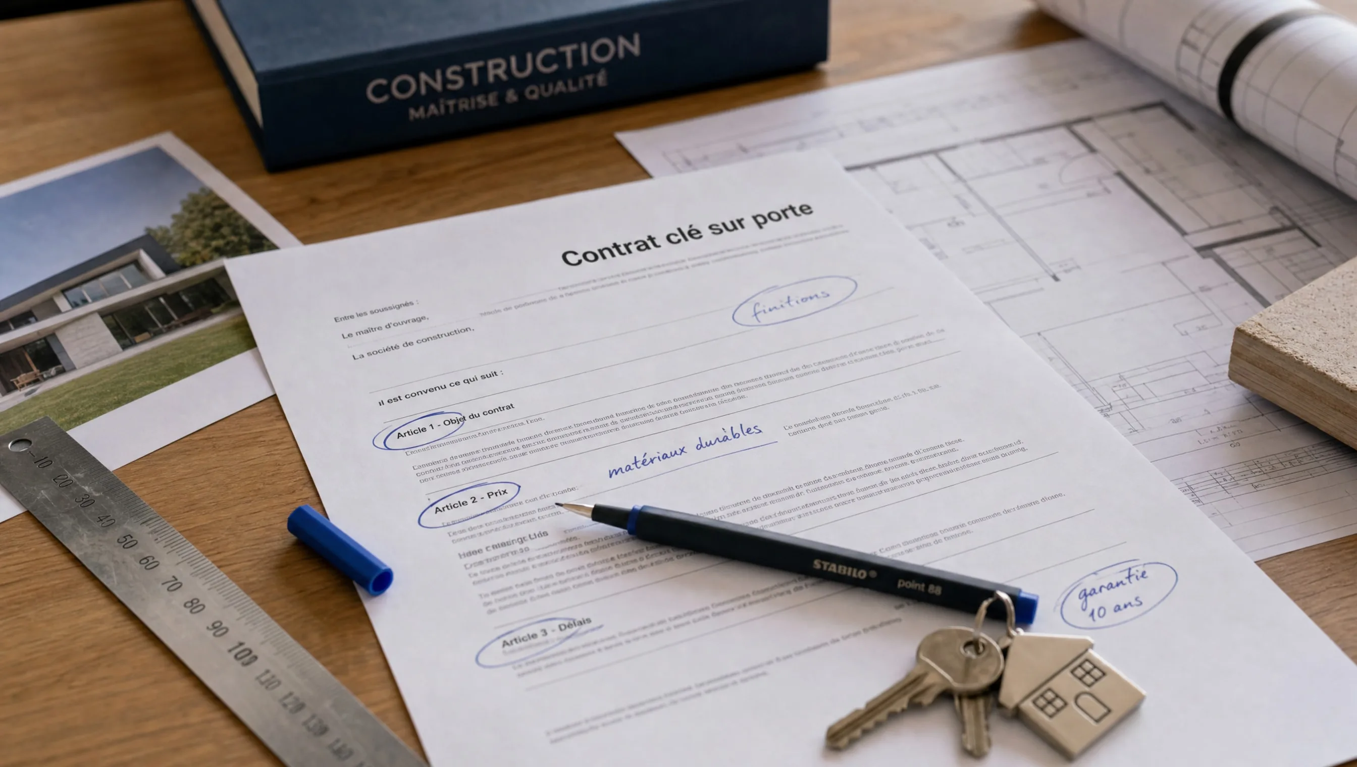 Turnkey contract with Stabilo highlights on an architect's desk with a metal ruler