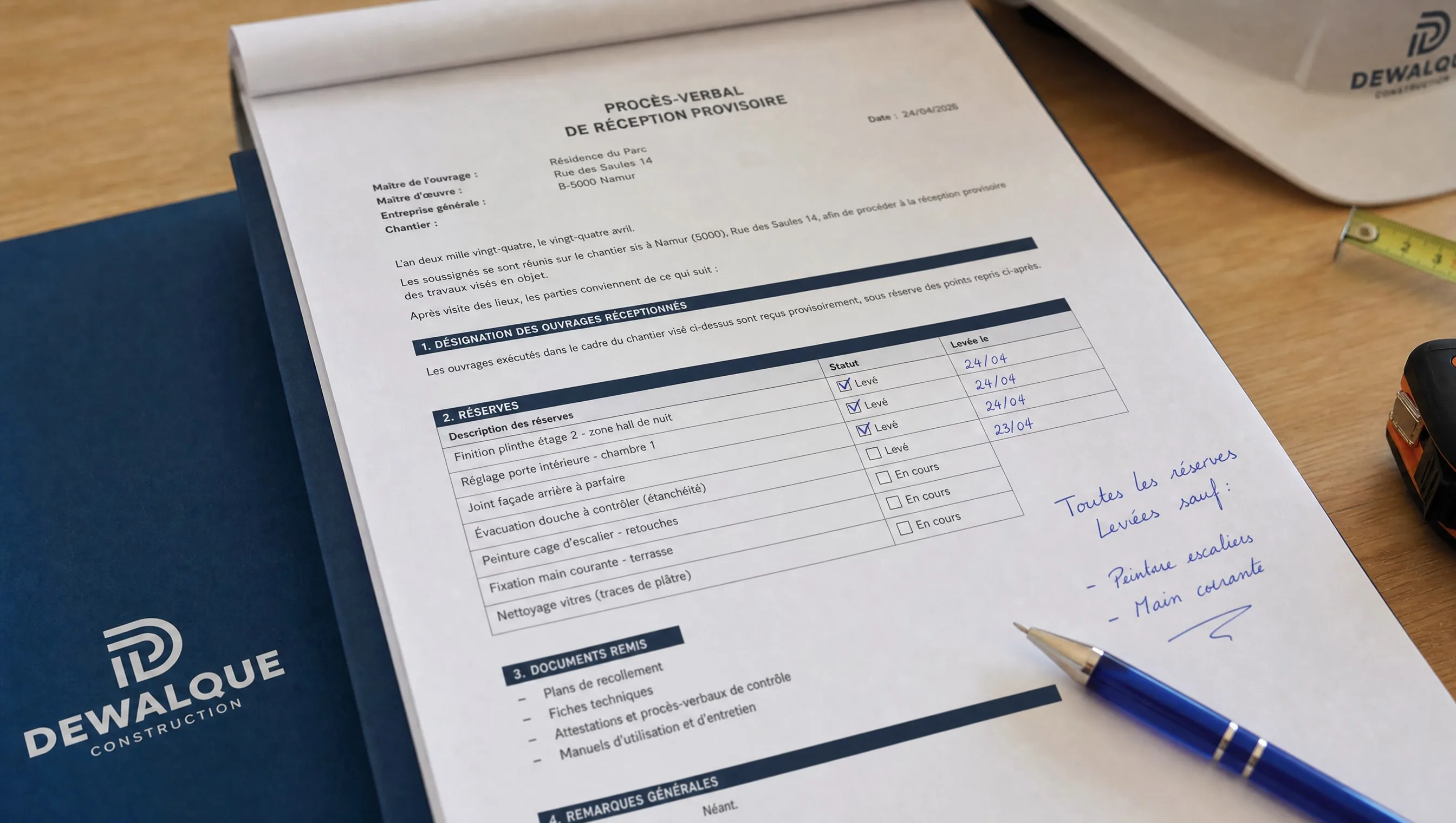 Provisional reception minutes document with ticks on lifted reservations and annotation margin in blue pen