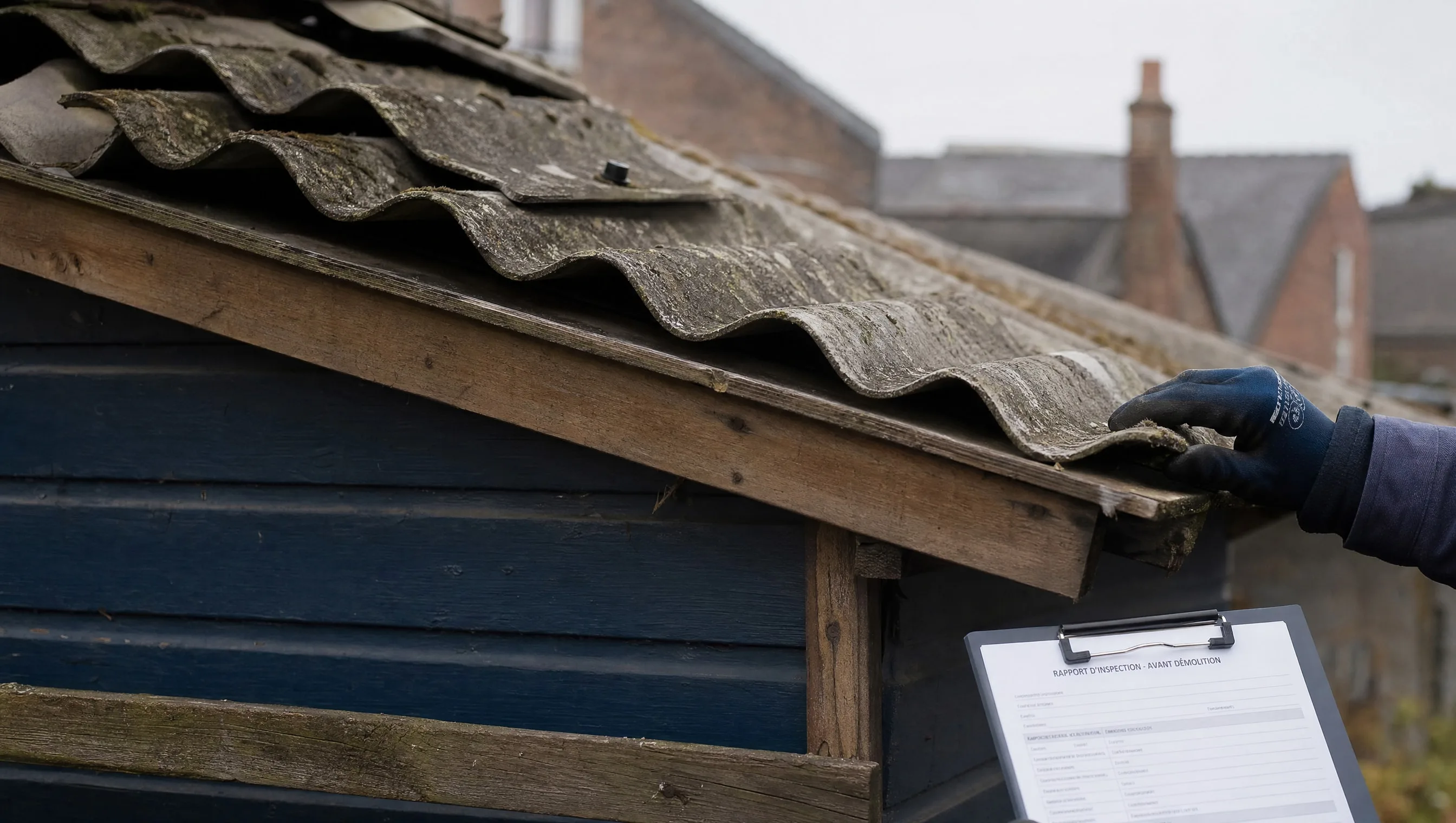 Close-up of a fibre-cement roof of an outbuilding to inspect before demolition, Charleroi