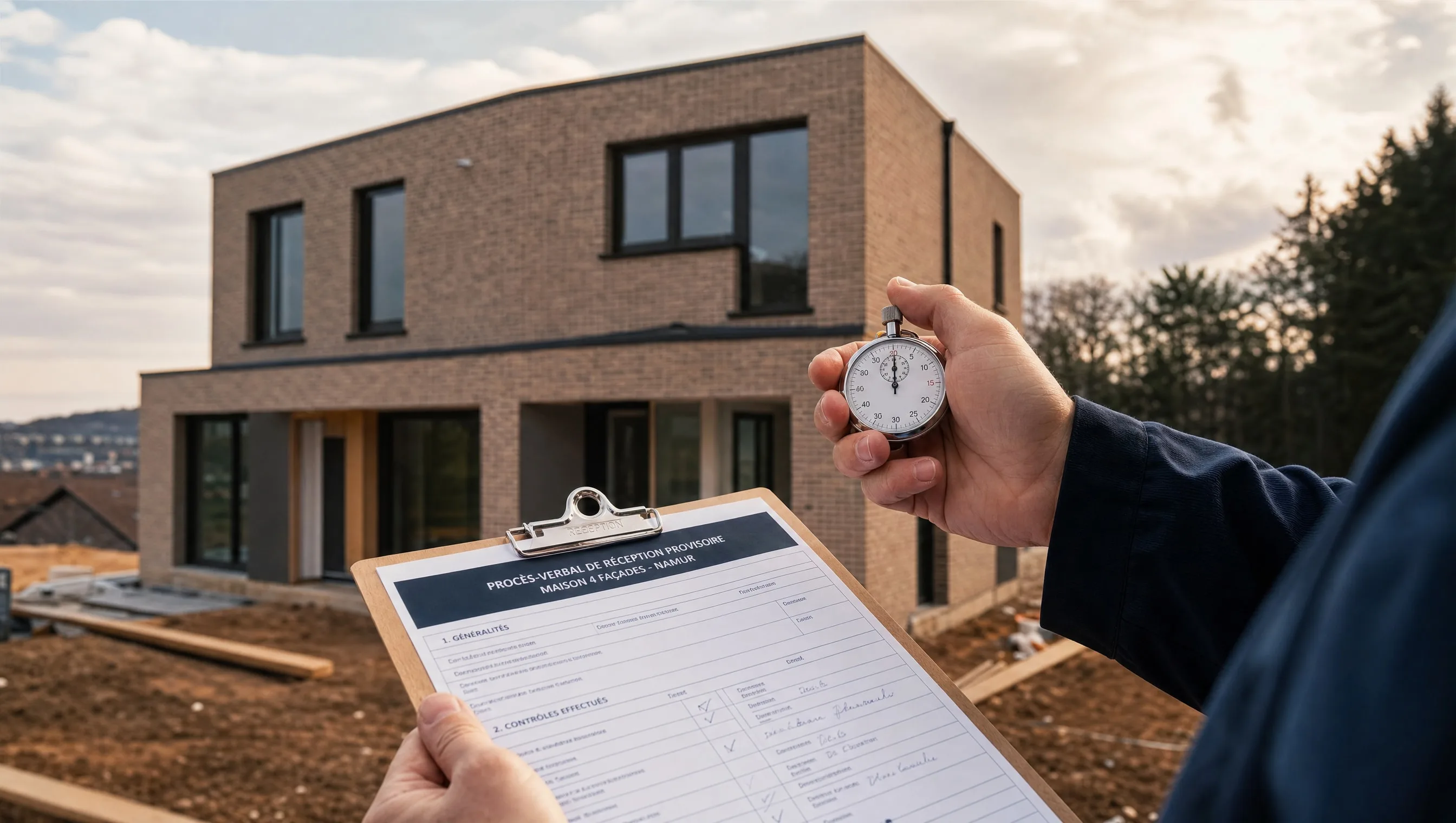 Expert with stopwatch in hand in front of a 4-façade house mid-reception, Namur