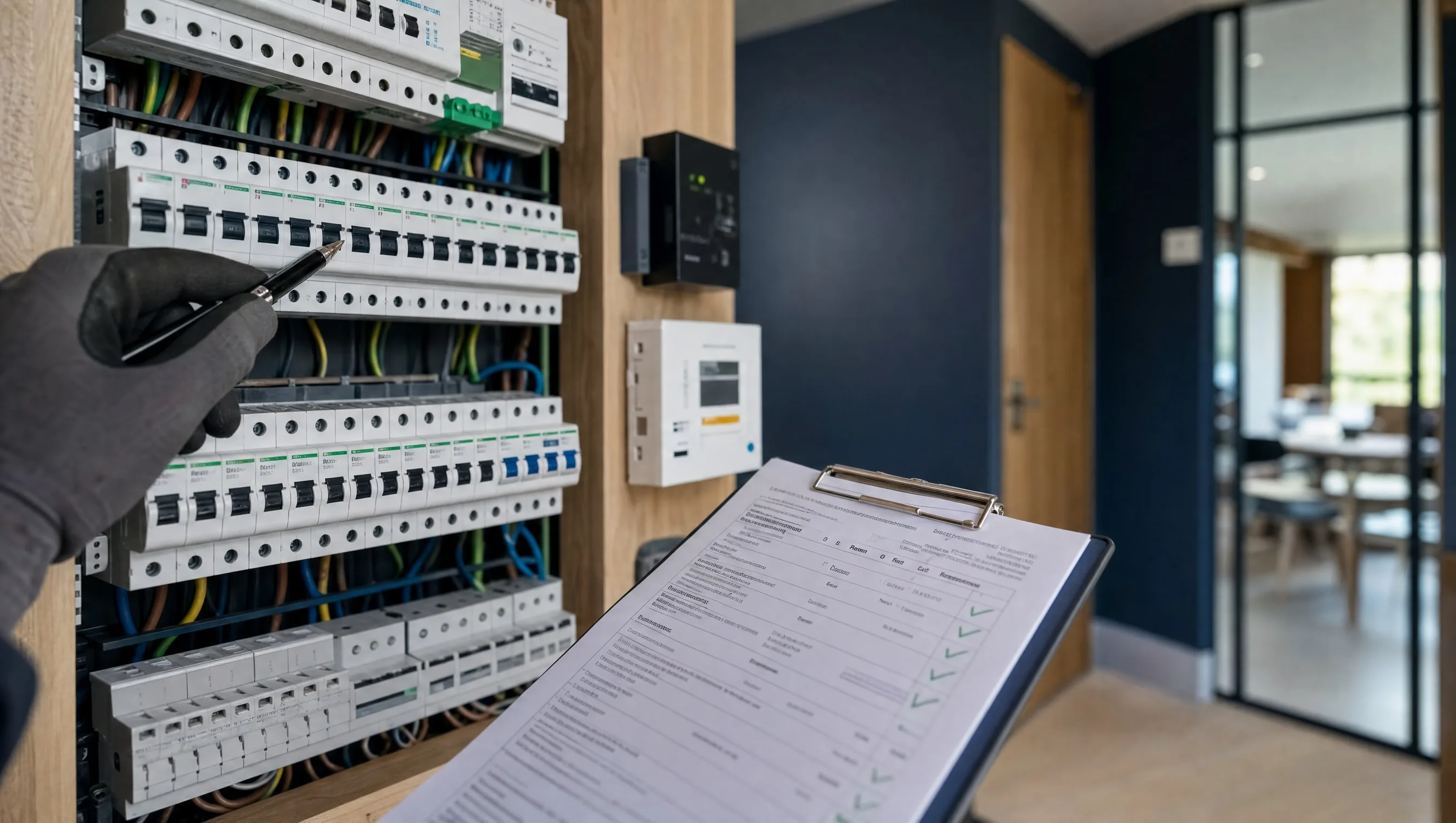 Electrical panel of a new-build home in Mons being checked for RGIE compliance by an expert