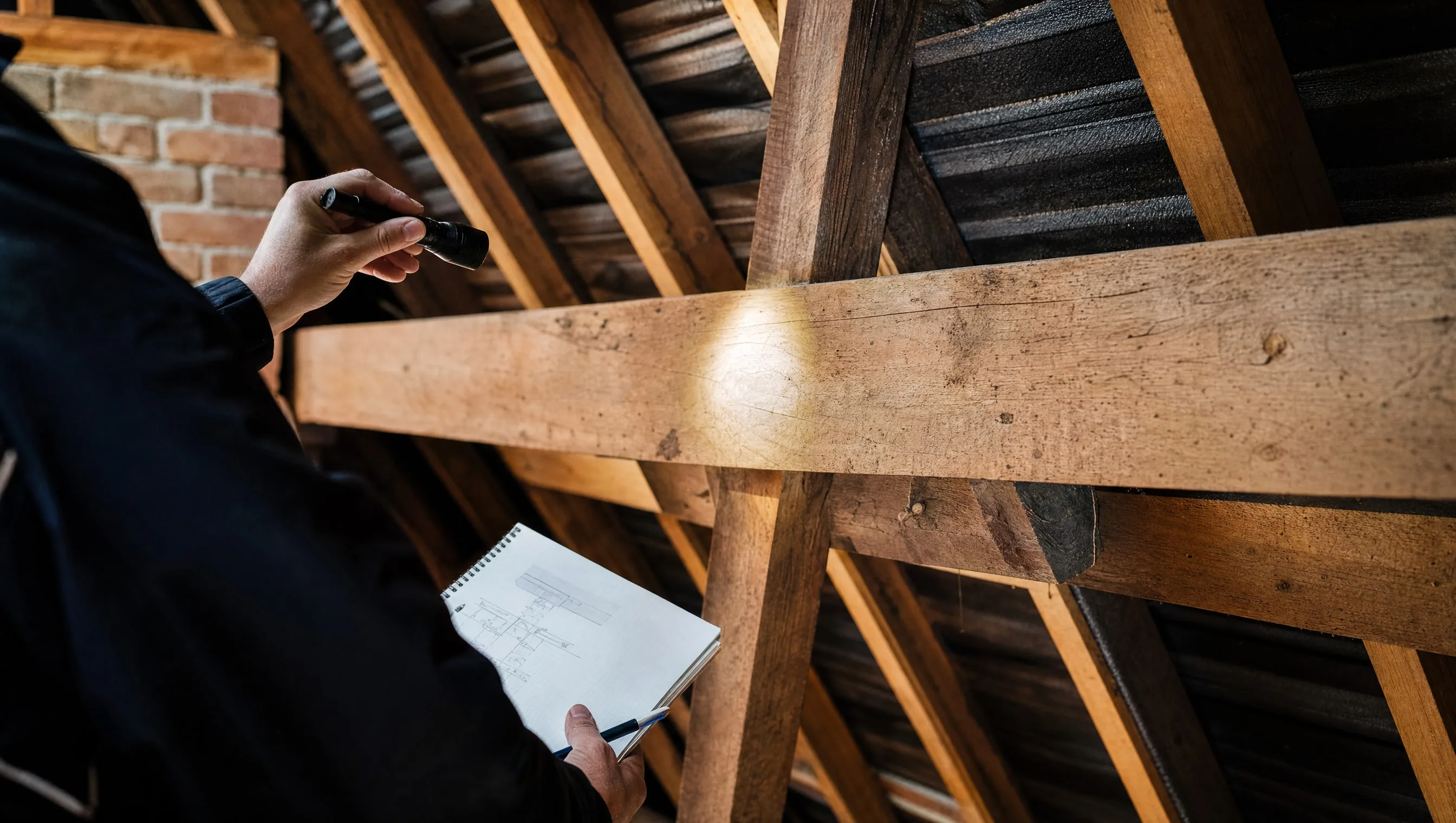 expert inspecting a timber framework with lamp and survey notebook