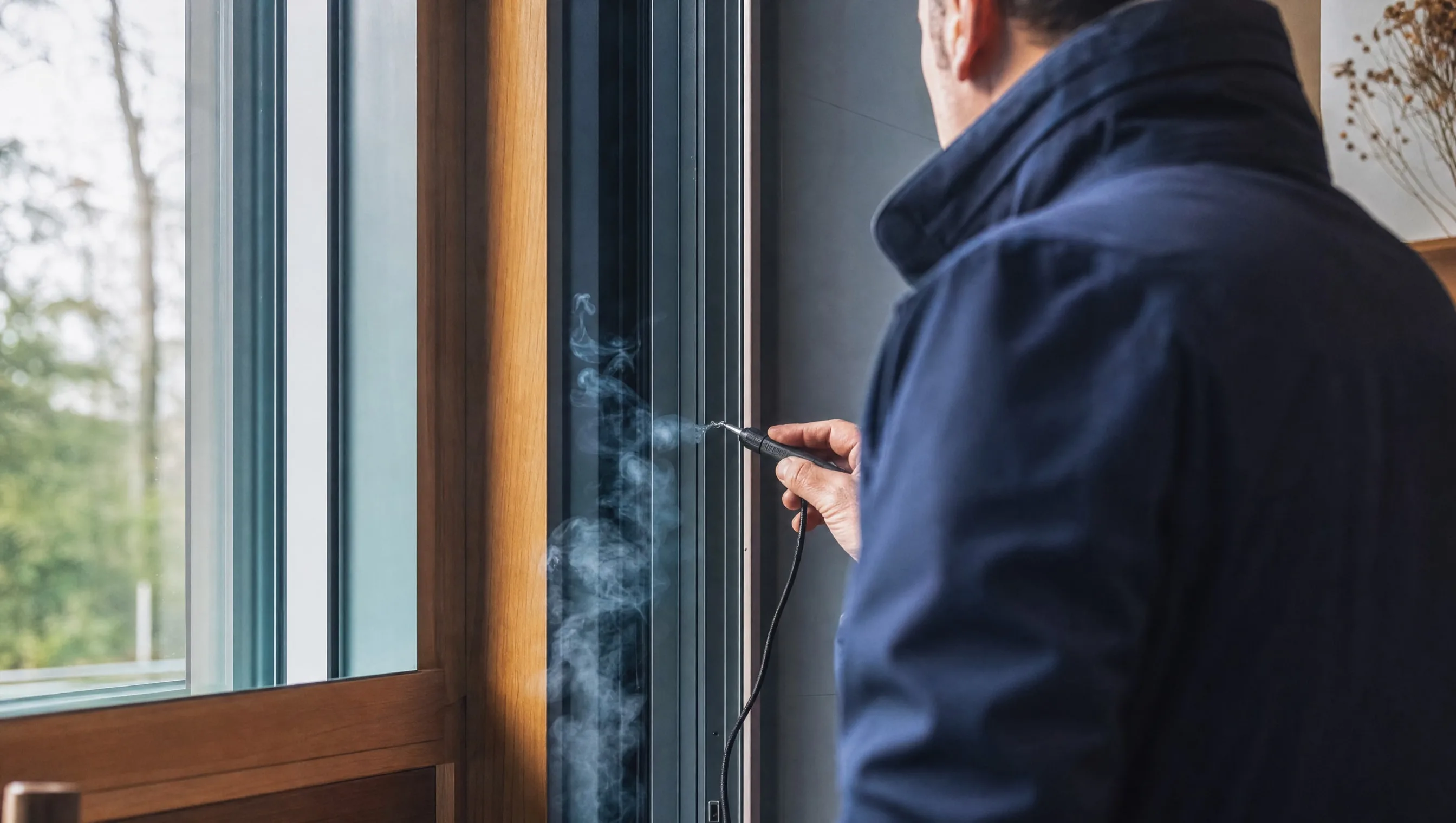 expert testing window airtightness with a smoke generator