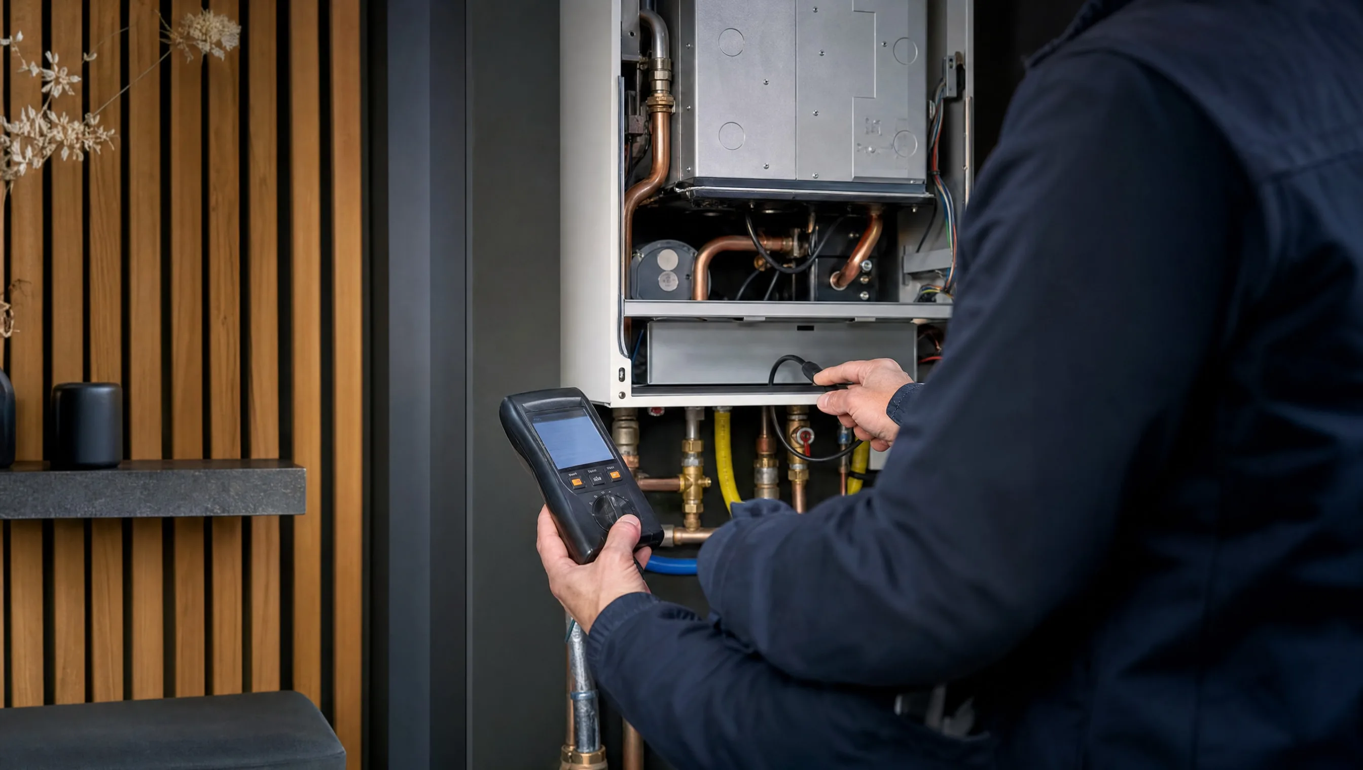 expert checking a wall gas boiler with a combustion analyser