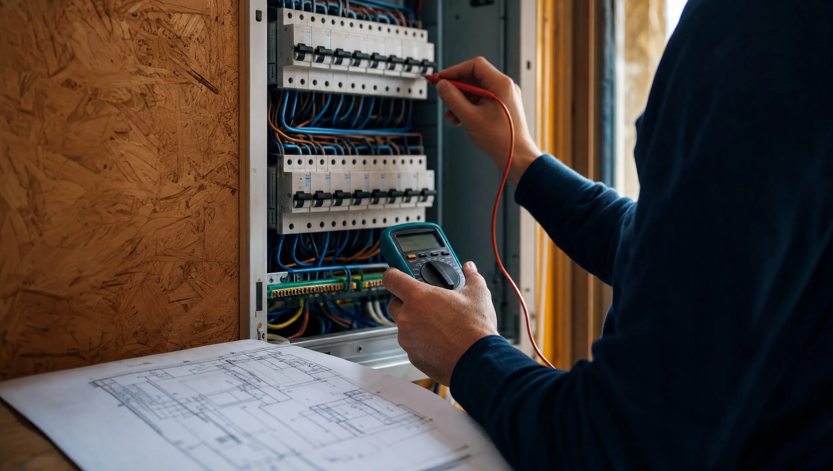 expert checking an electrical panel with multimeter and single-line plan
