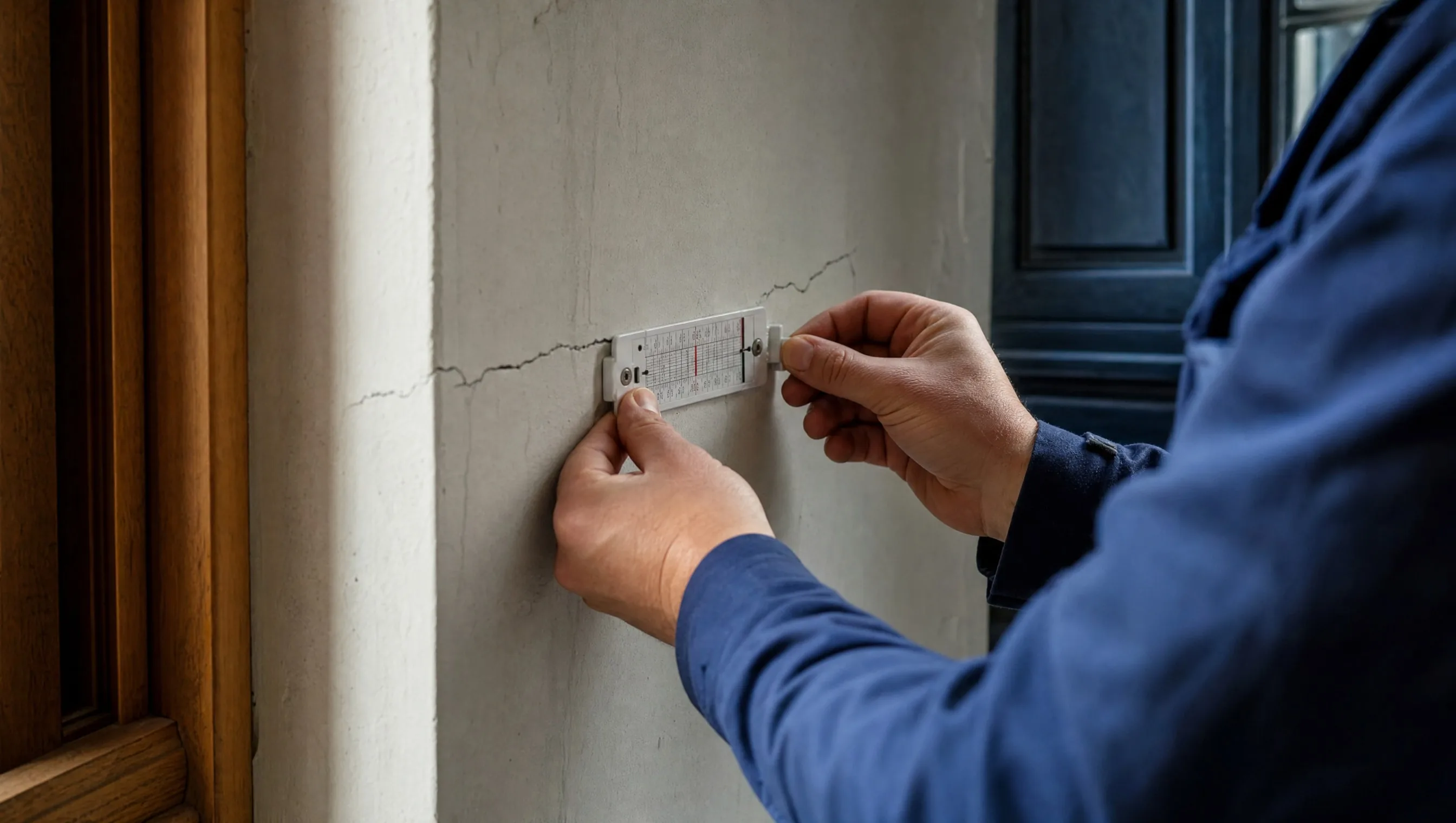 expert measuring a wall crack with a crackmeter