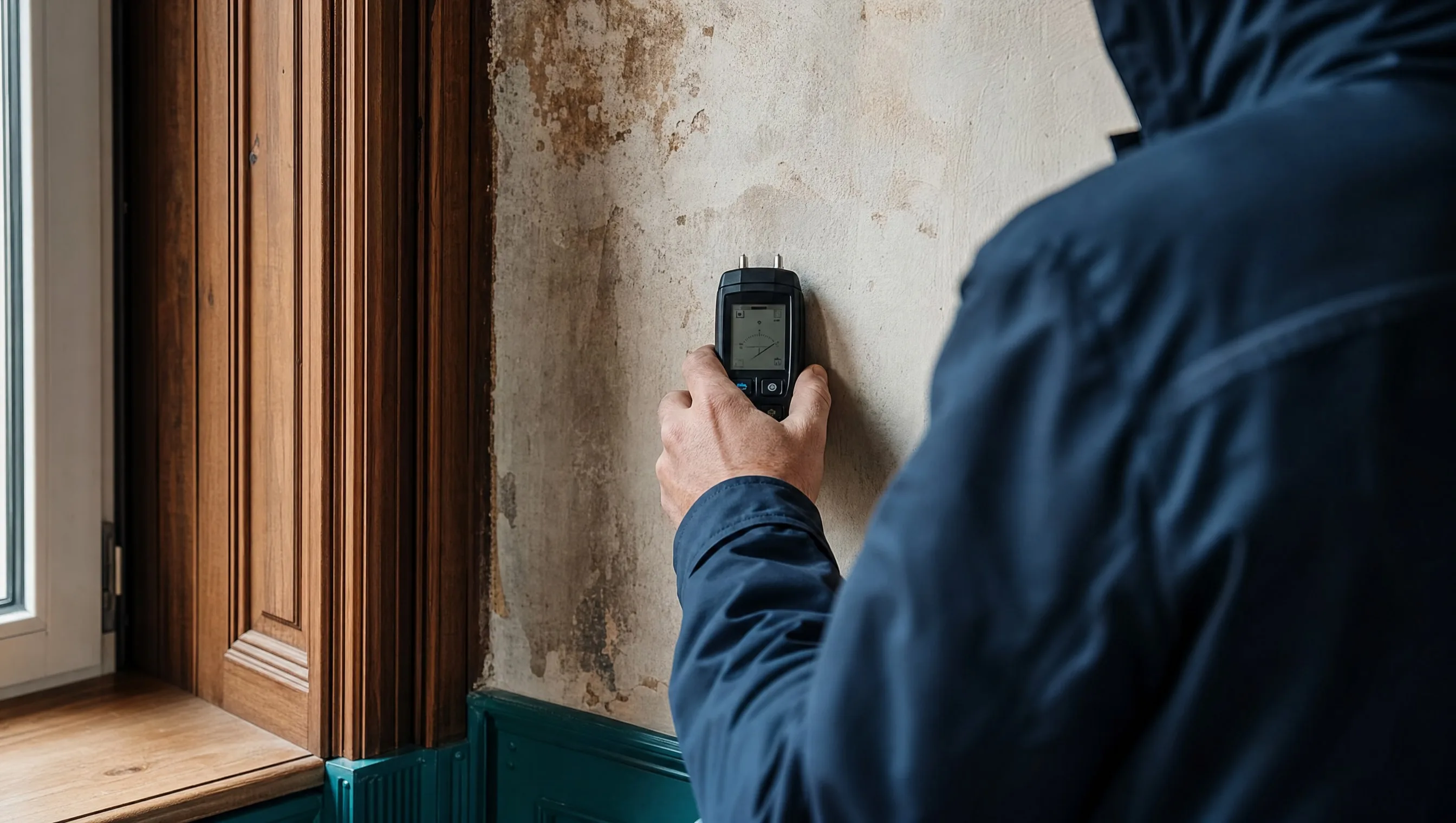expert measuring wall moisture with a hygrometer