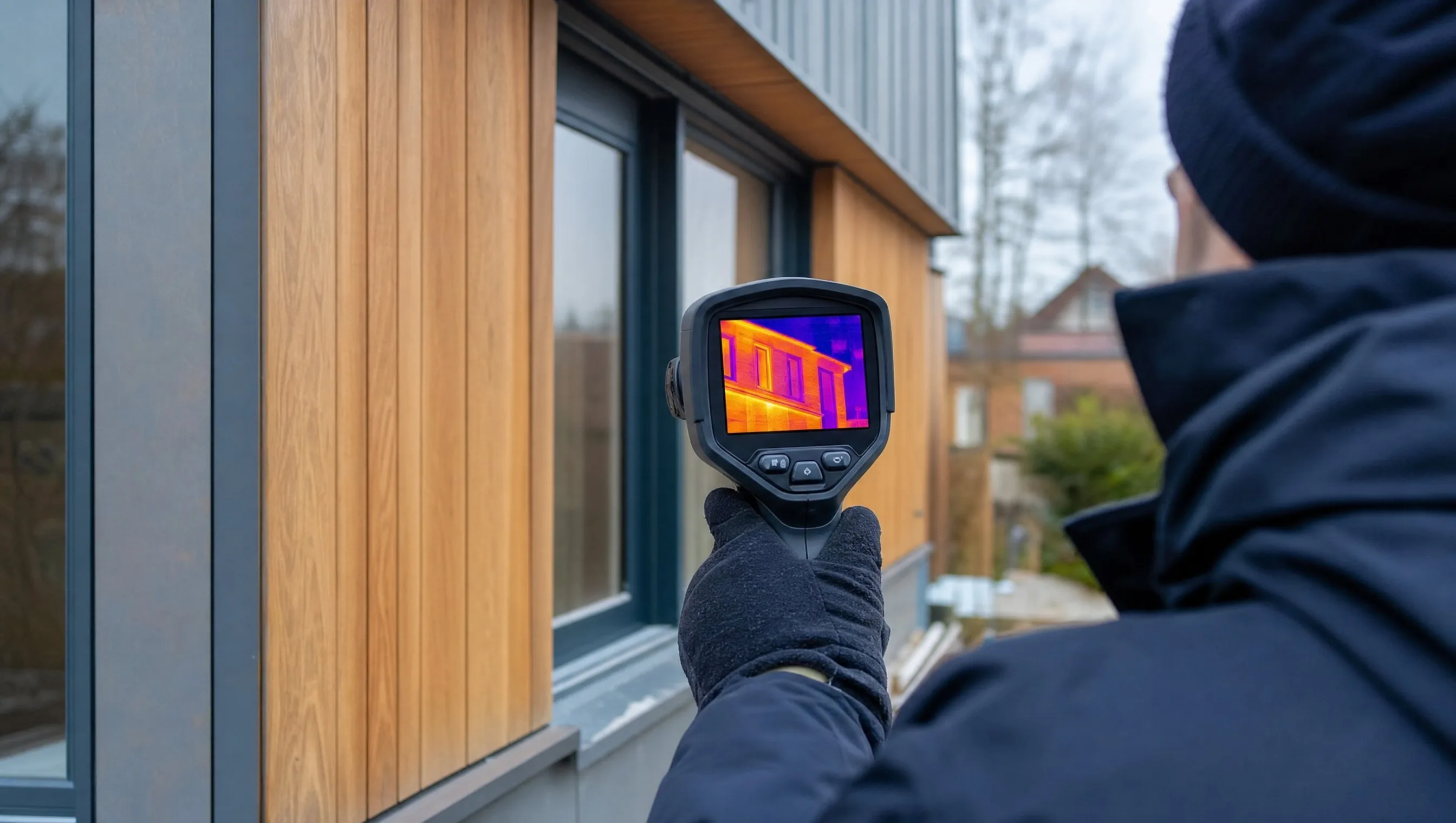 expert using a thermal camera to locate thermal bridges on a facade