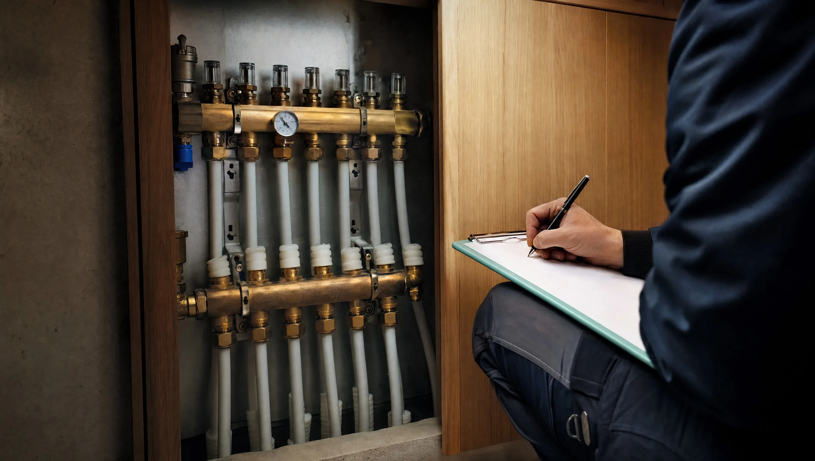 expert checking a water distribution manifold with a pressure gauge