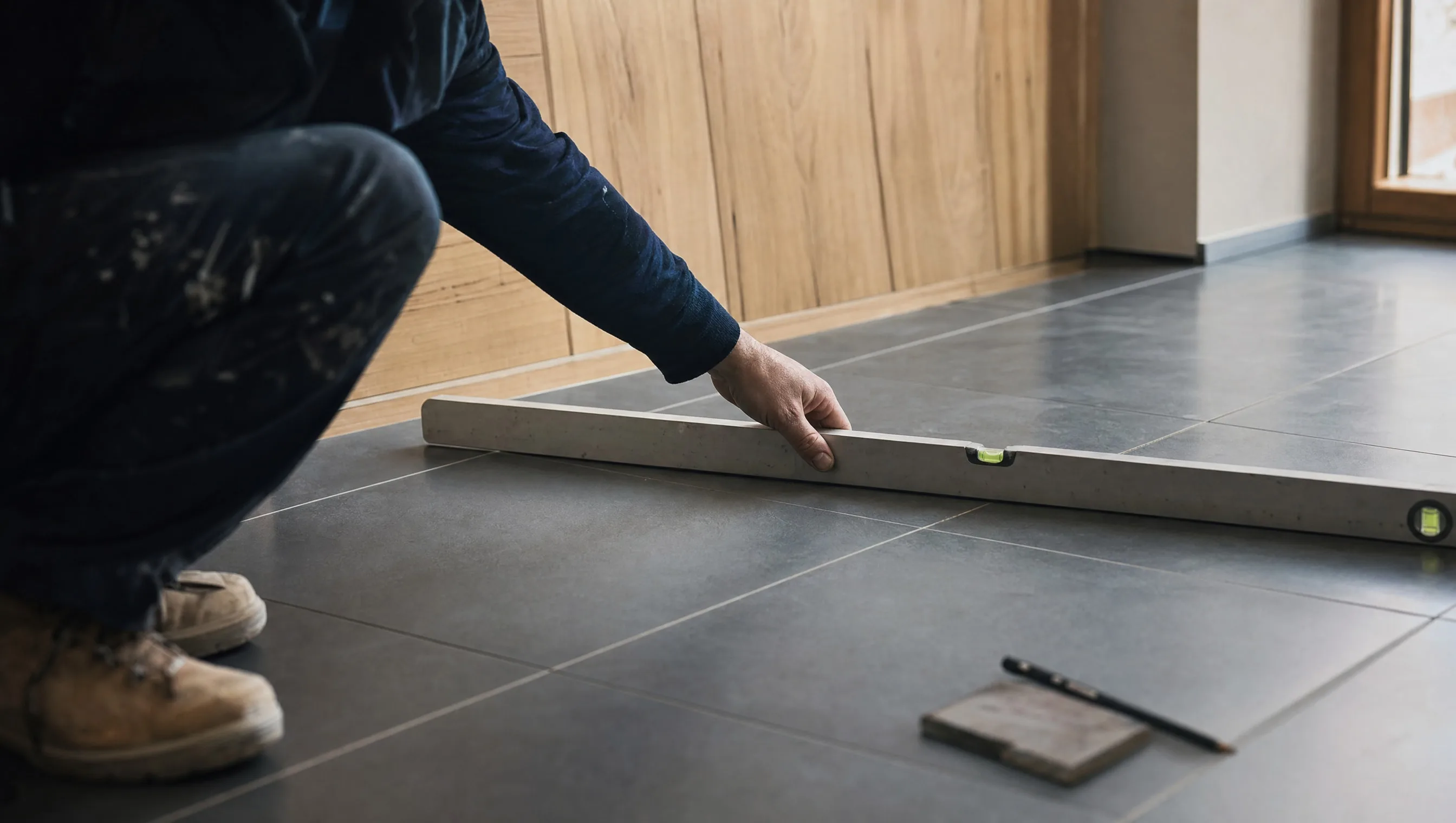 expert measuring tile flatness with a mason's straightedge