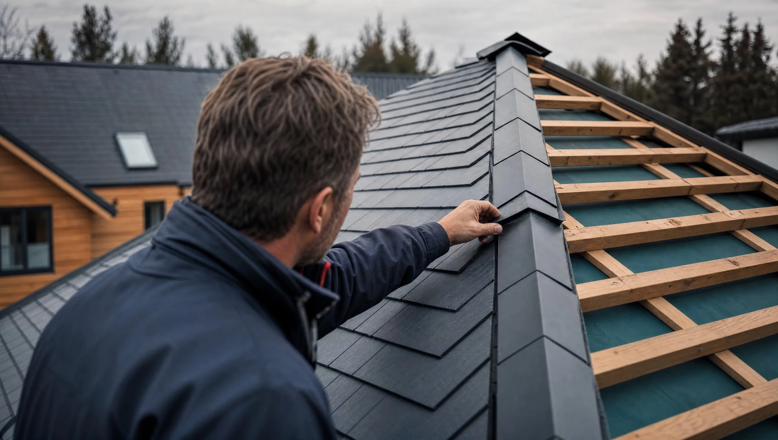 expert on a pitched roof inspecting flashings and ridge