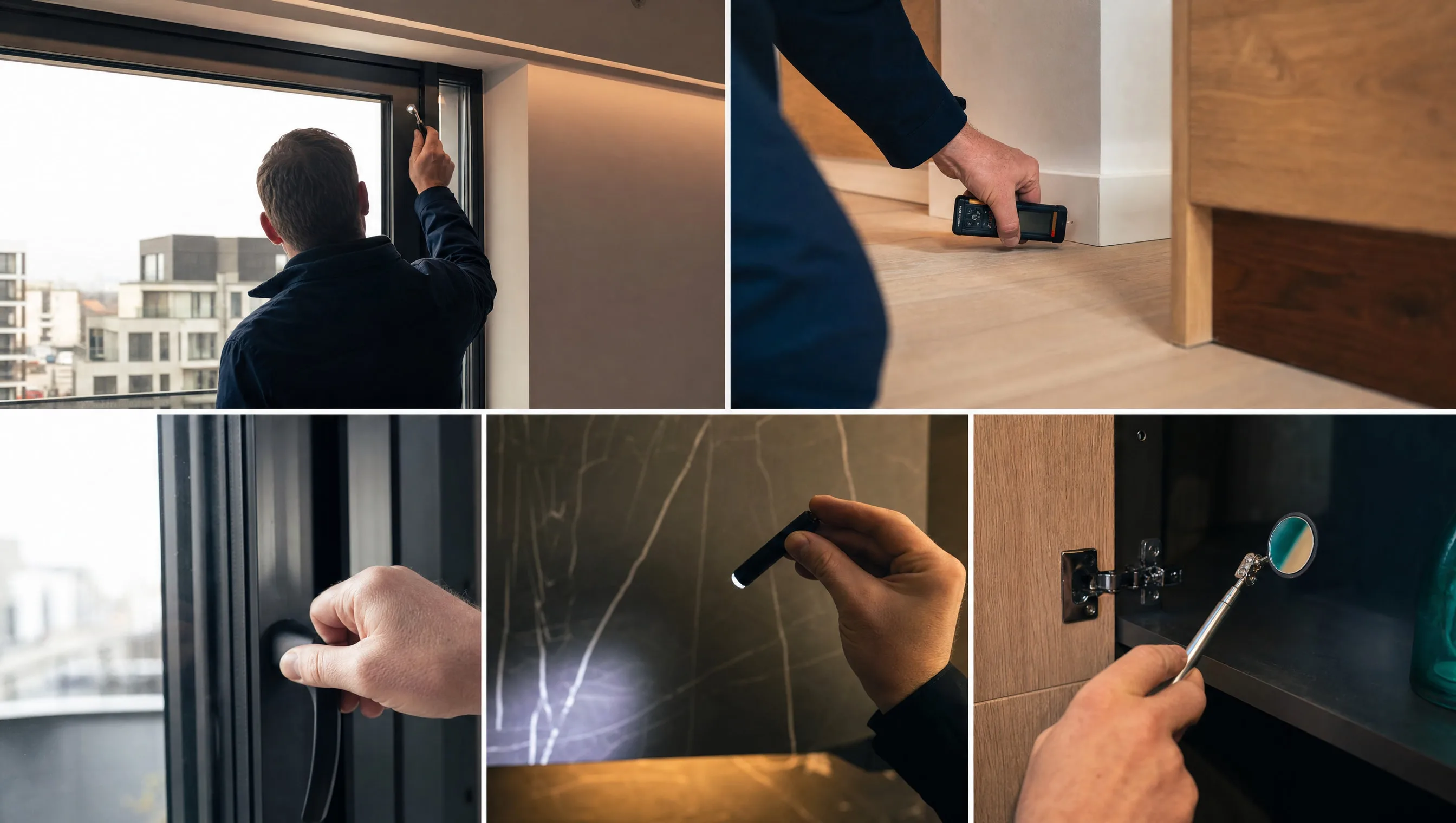 expert checking the finishes of a new VEFA apartment