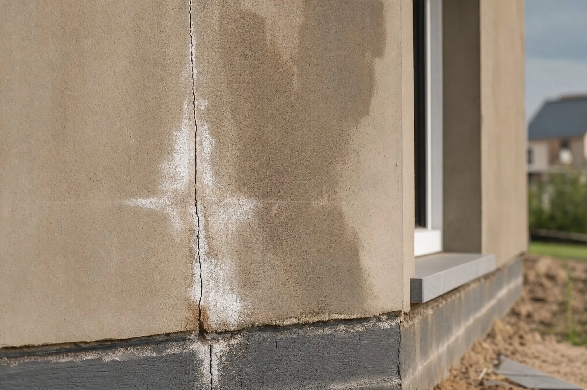 vertical render crack · efflorescence