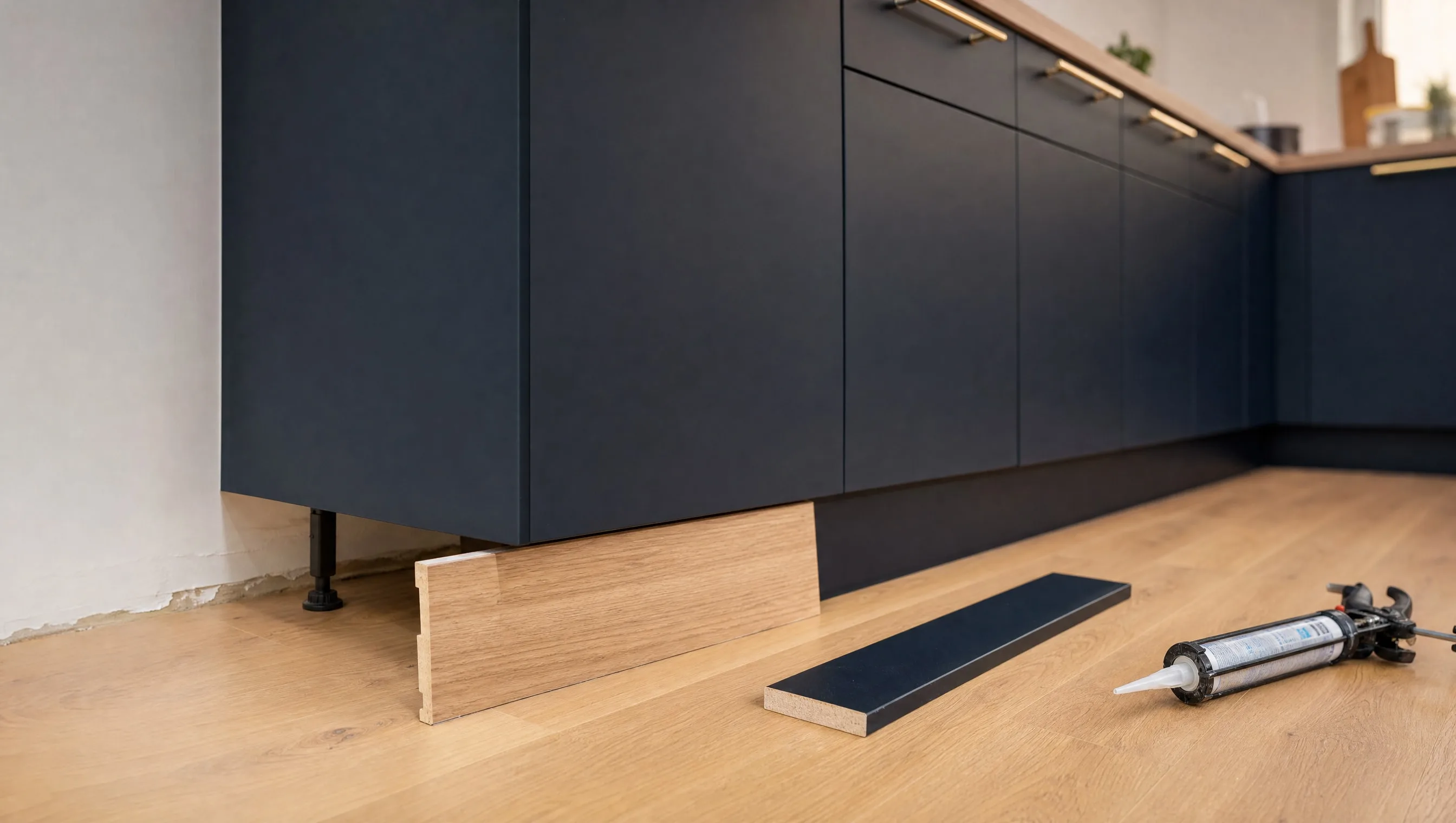 Partially fitted skirting and missing silicone seal in a kitchen of a new-build home in Wavre