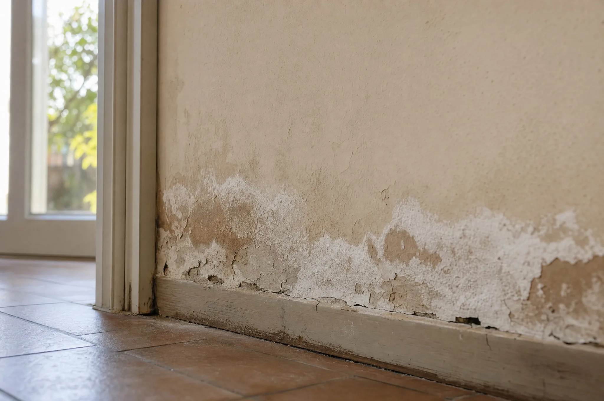 damp stain at base of wall · saltpetre
