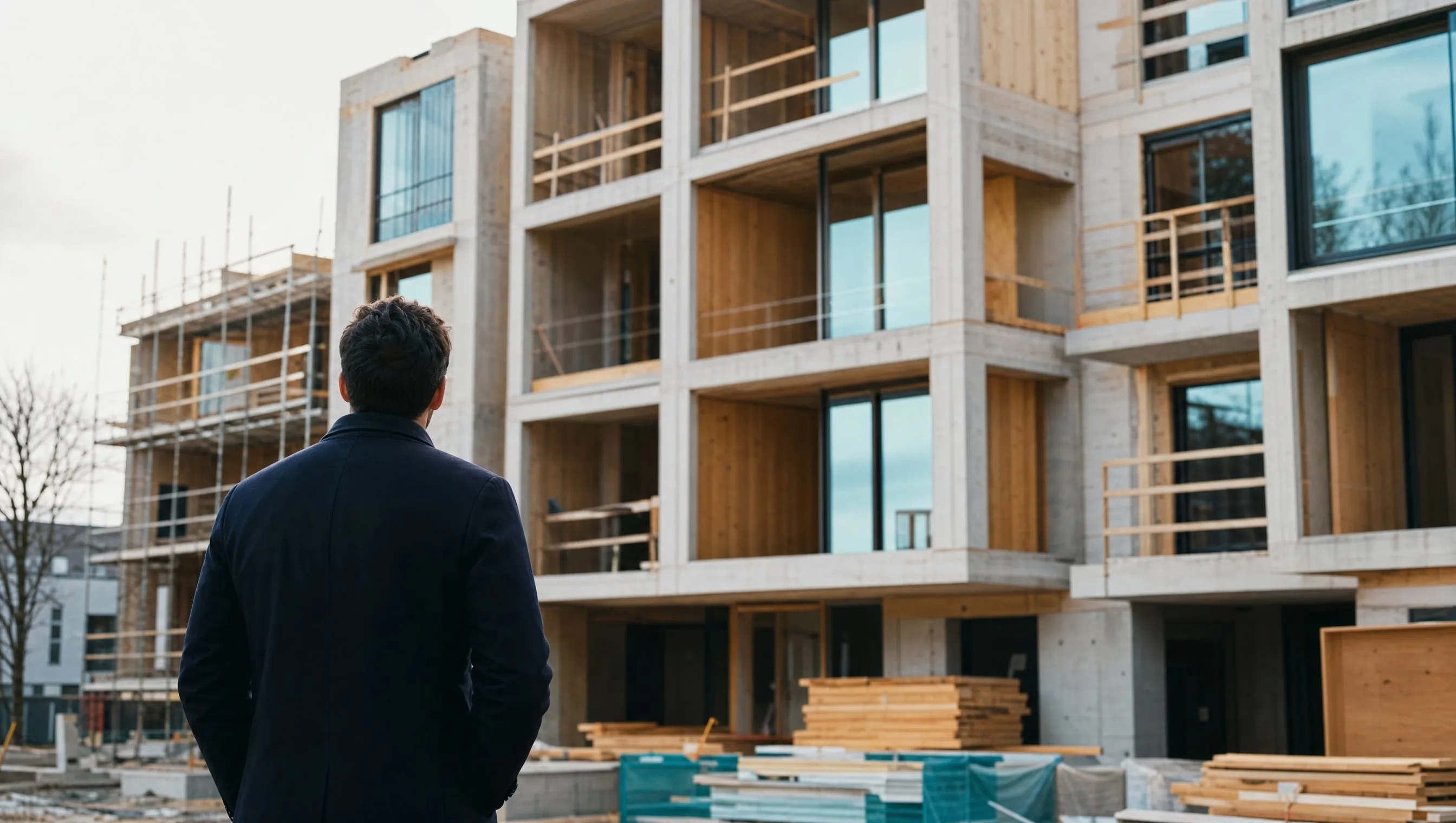 Property investor in front of a new-build programme under construction in Belgium