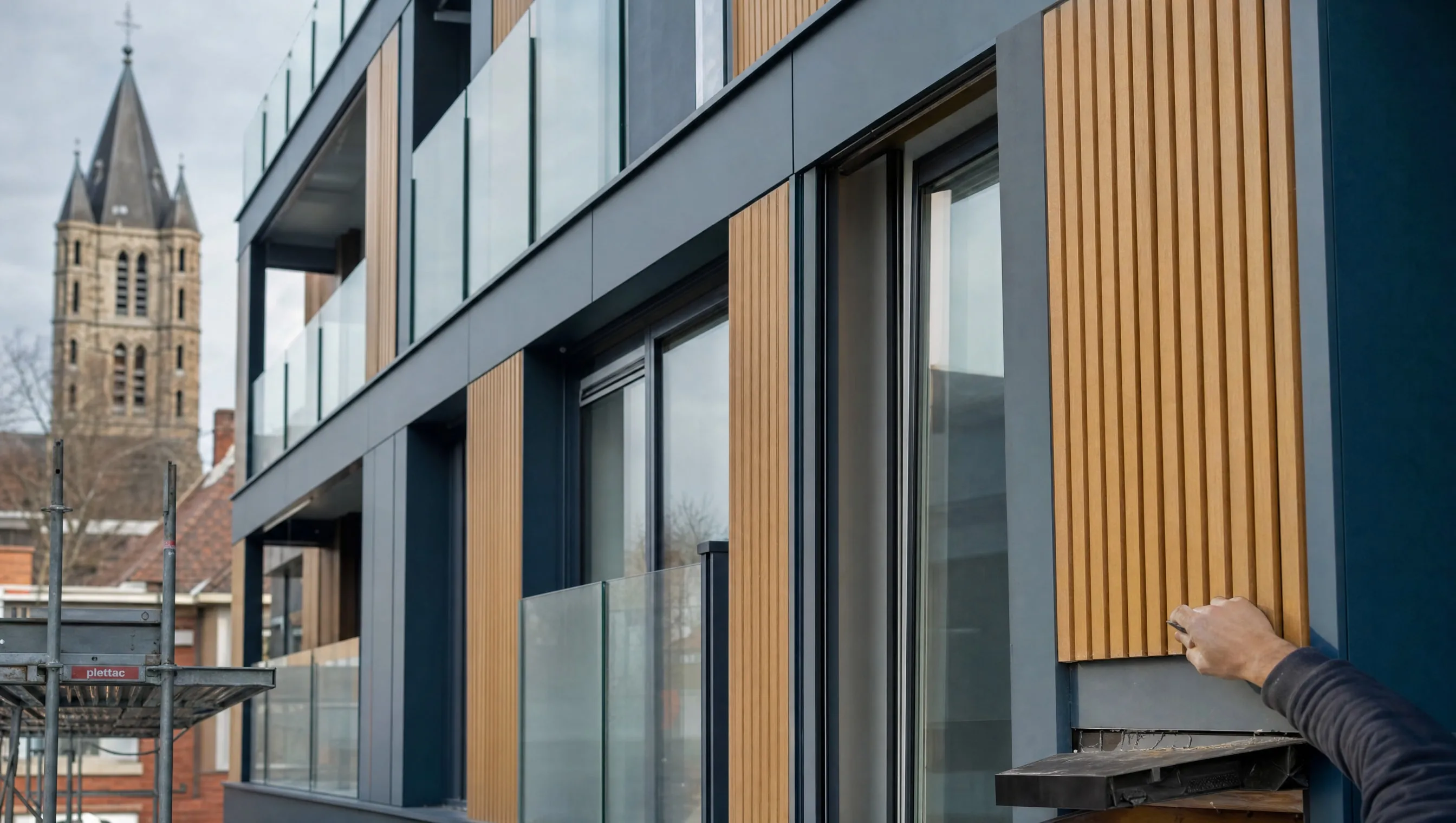 Facade of a new apartment block in Tournai in late finishing, March 2026
