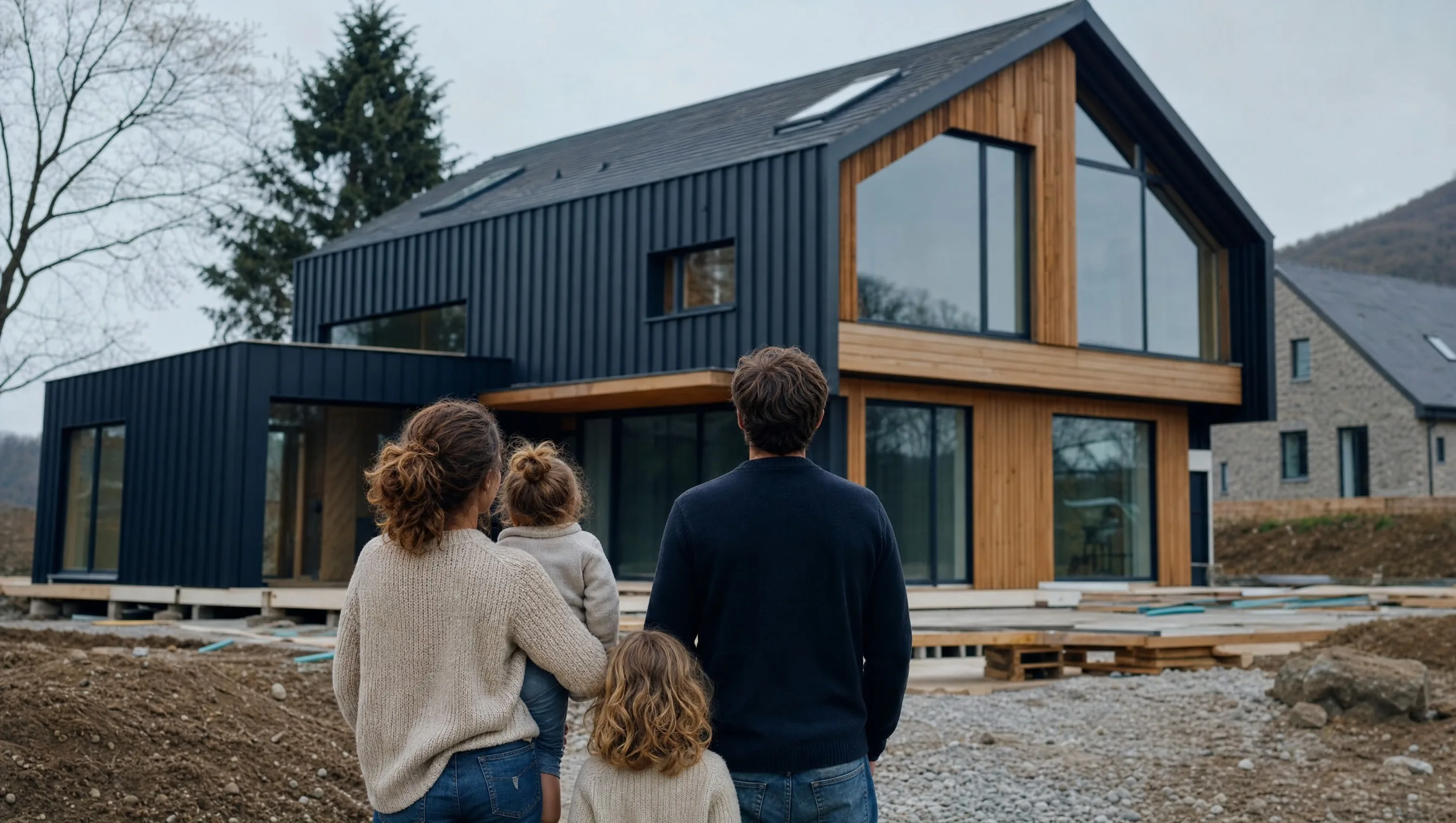 Family in front of their new-build home under construction in Belgium