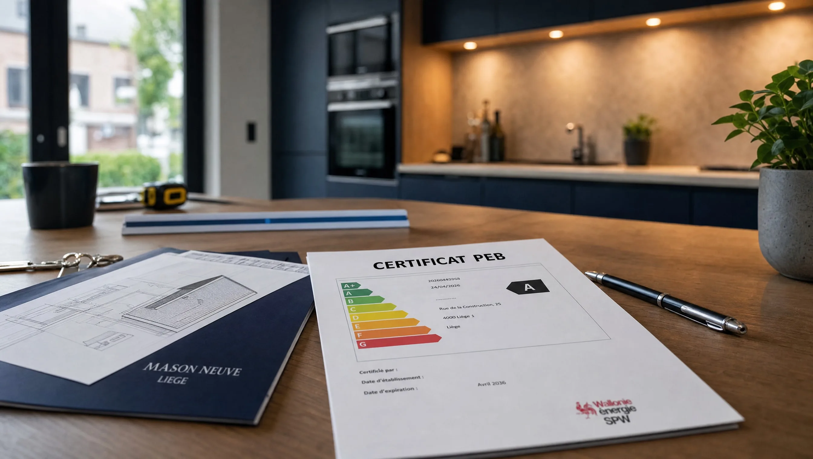 EPC certificate on the kitchen table of a new house, Liège, April 2026