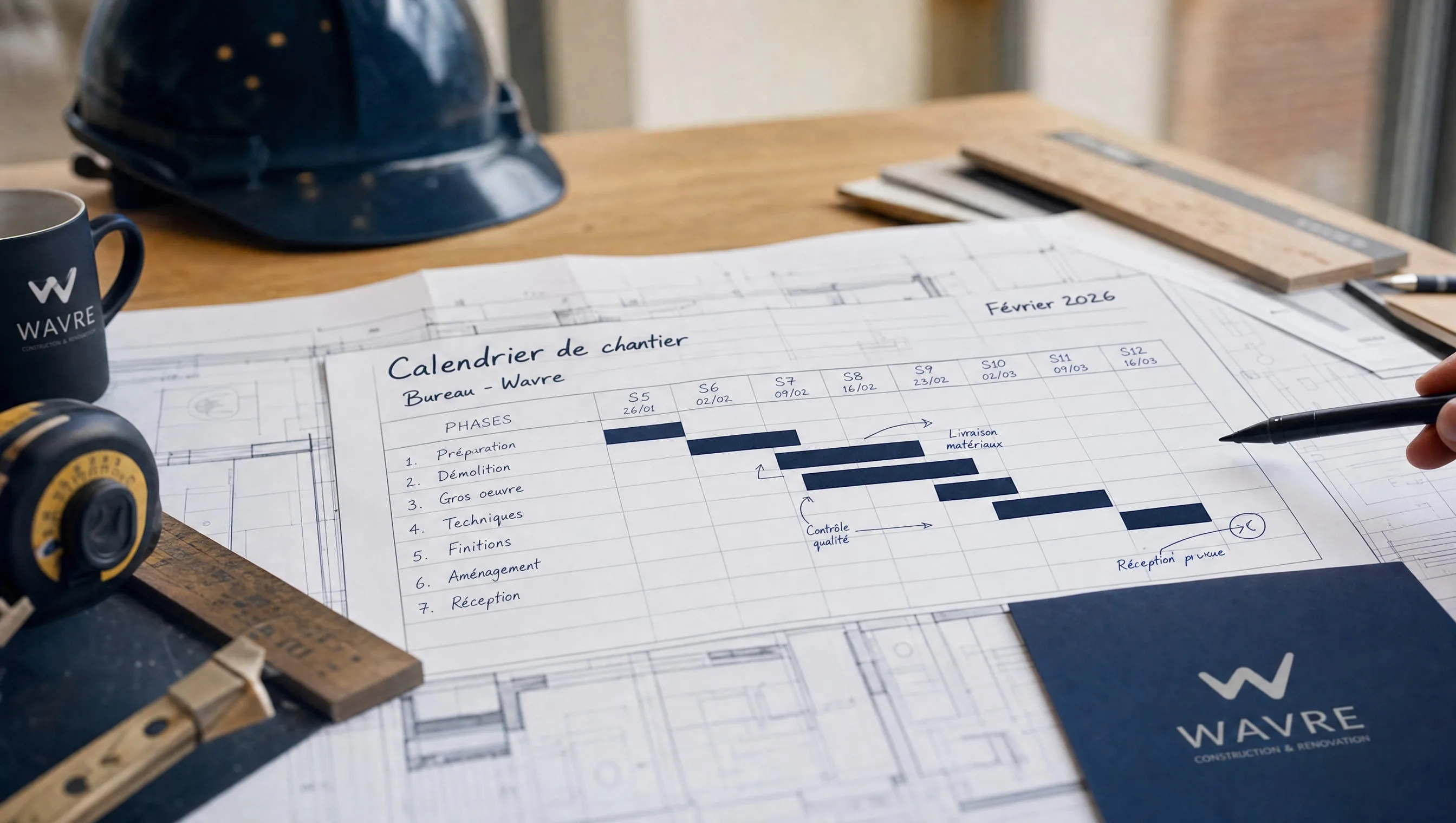 Construction calendar annotated on an architect's plan, office Wavre, February 2026