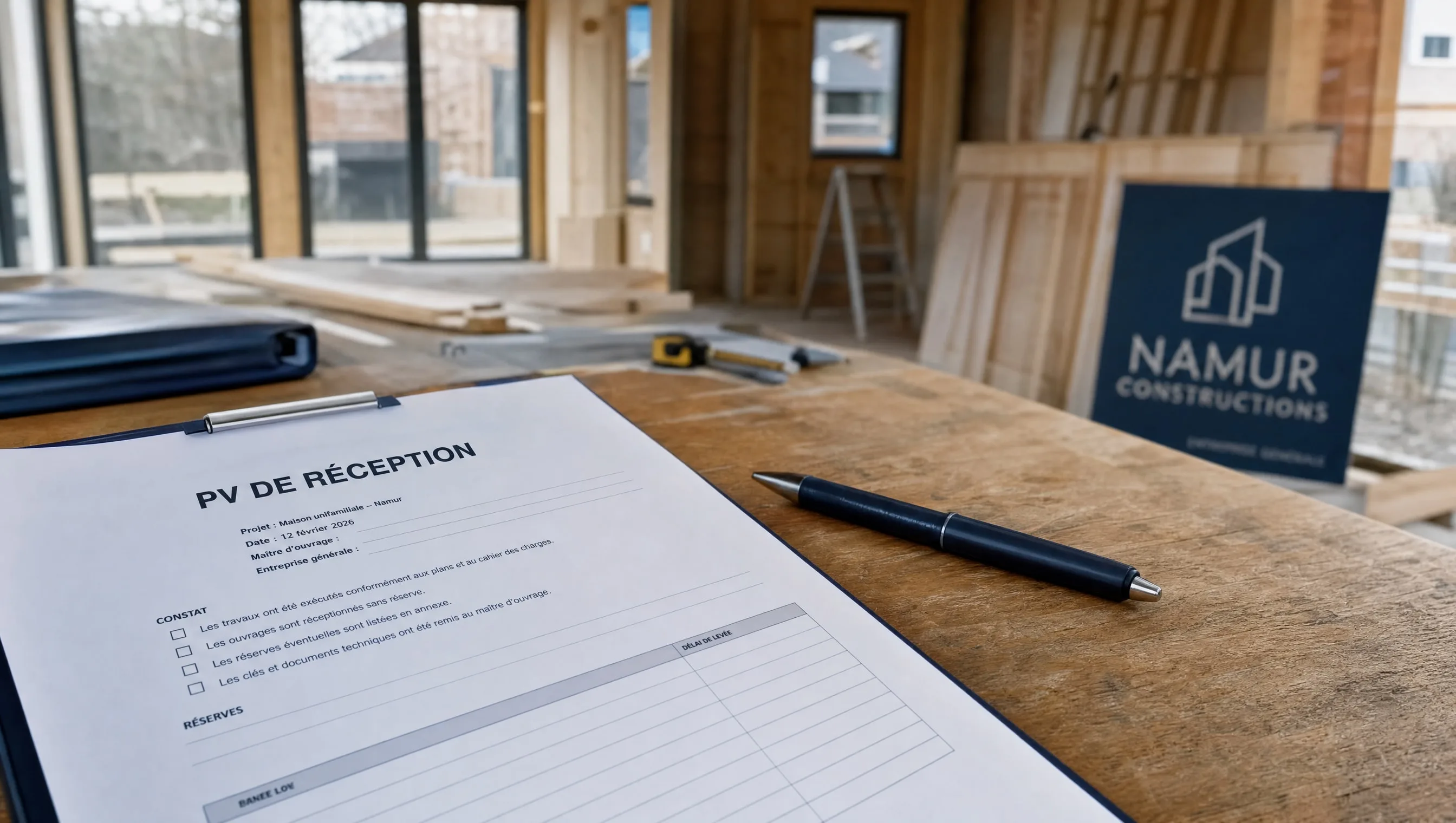 Unsigned reception minutes on a construction table, new house Namur, February 2026