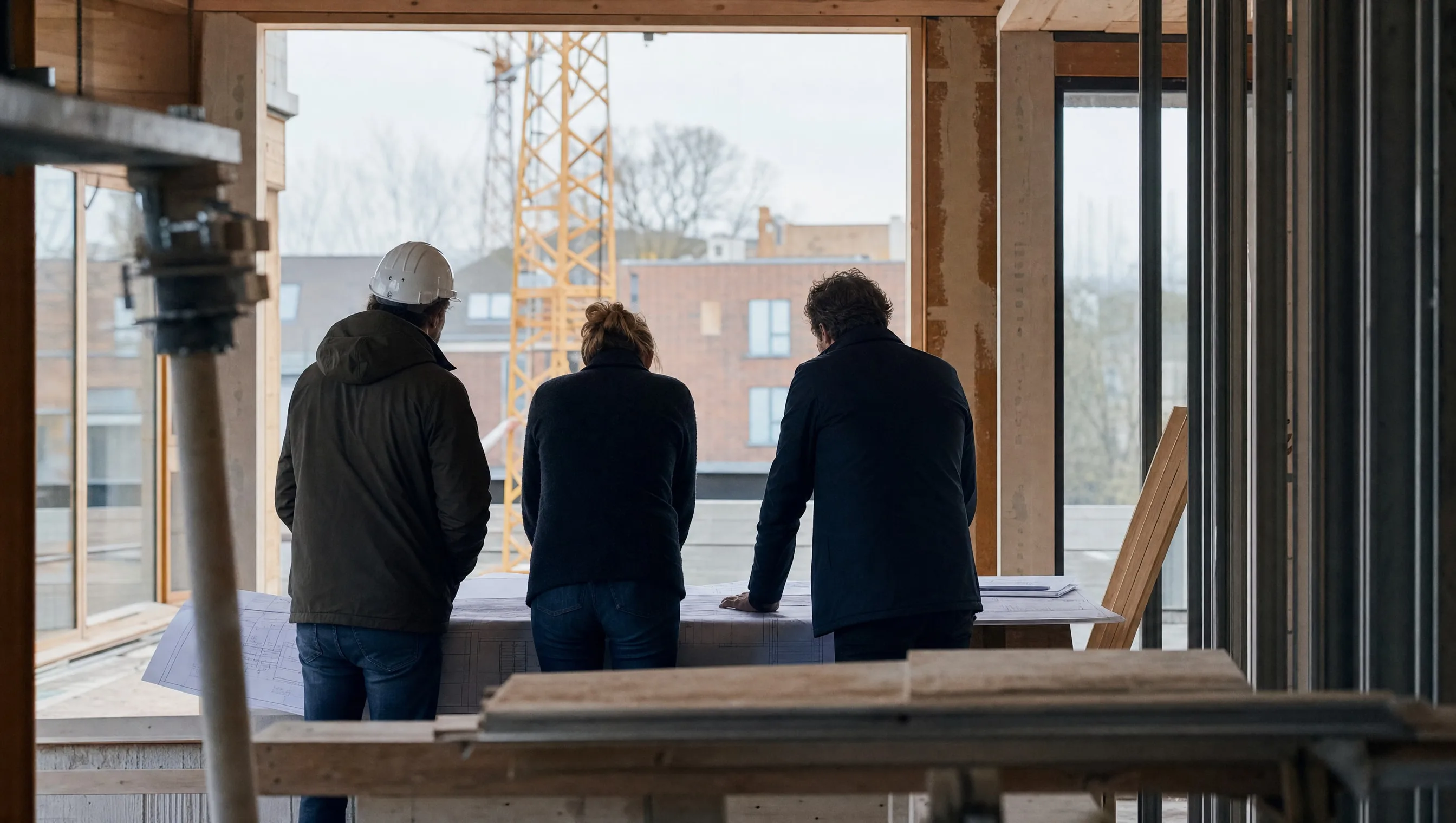 Site meeting between architect, contractor and client in Belgium