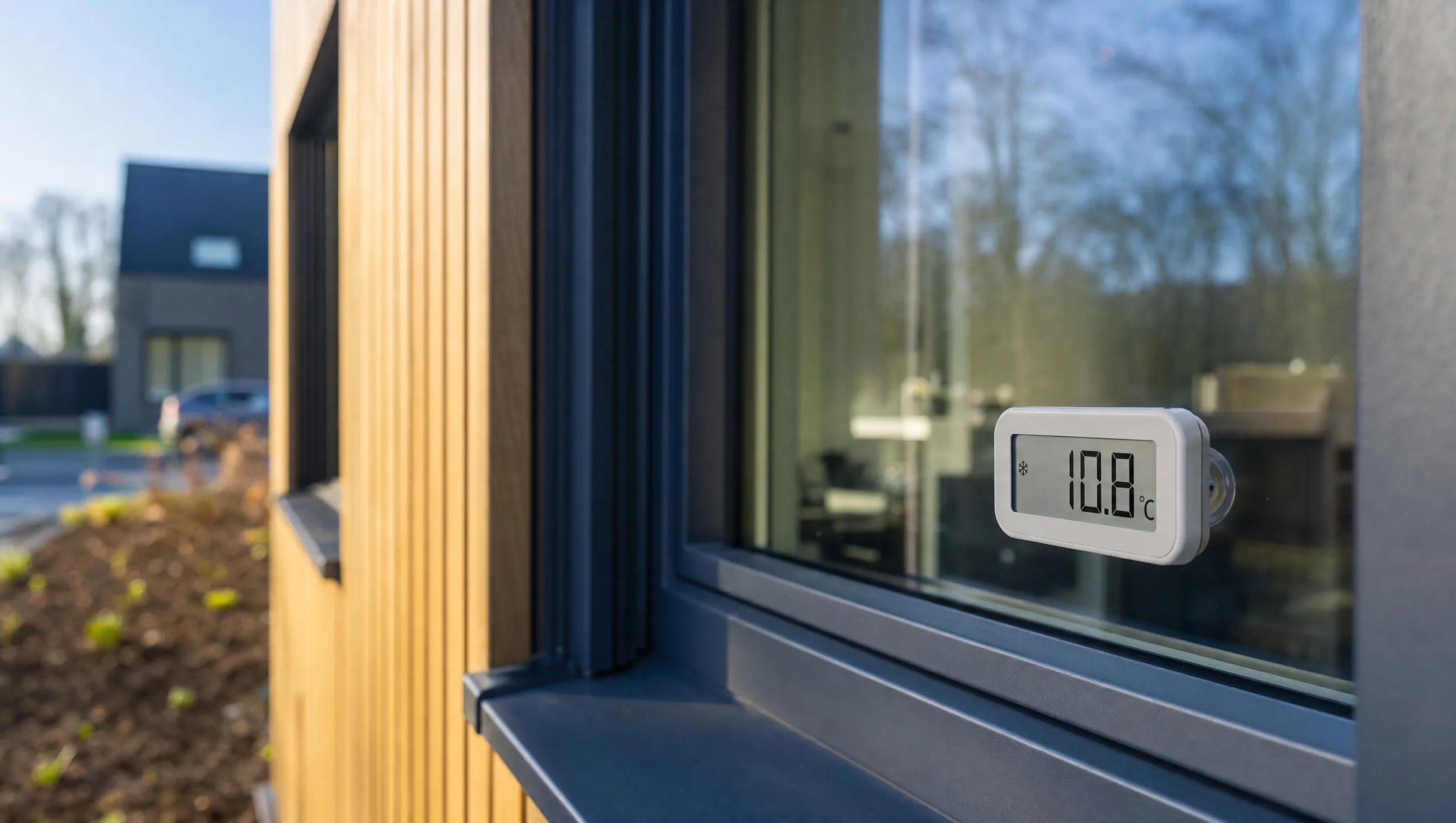 Outdoor thermometer on the window of a new-build home, morning light, Wavre, April 2026