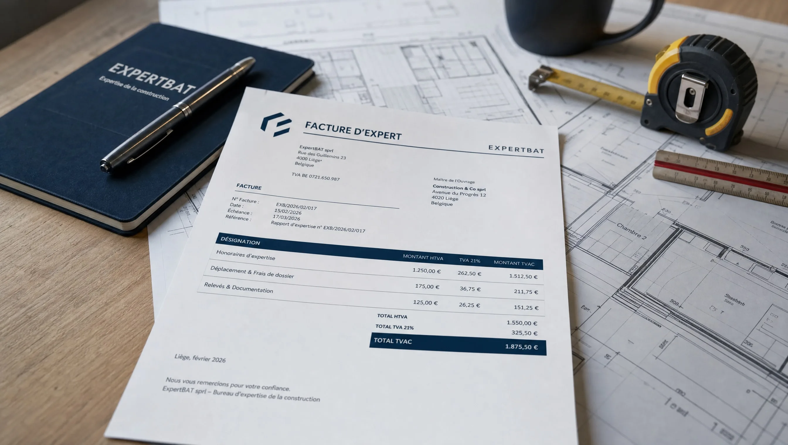 Expert invoice placed on a new-build house plan, office Liège, February 2026