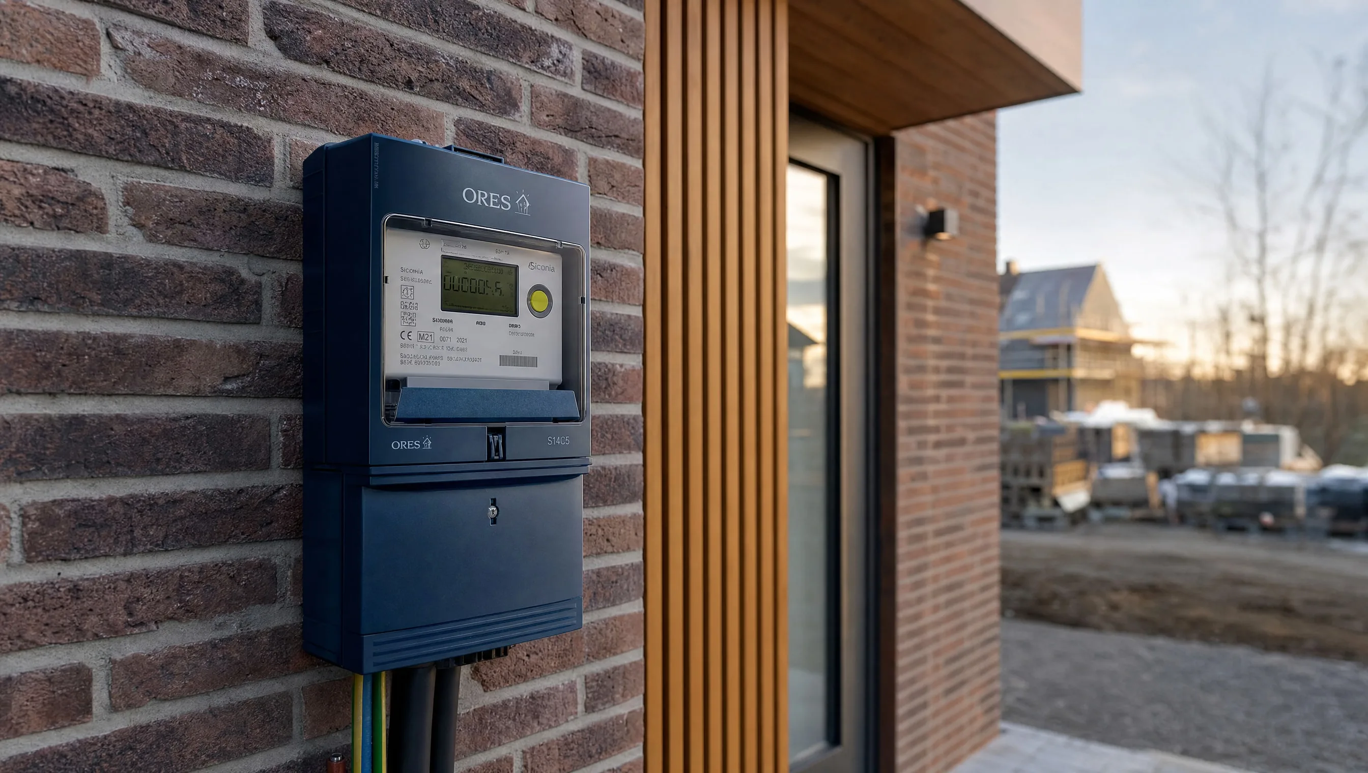 Freshly fitted Ores electric meter on the brick facade of a new-build house, Liège, April 2026