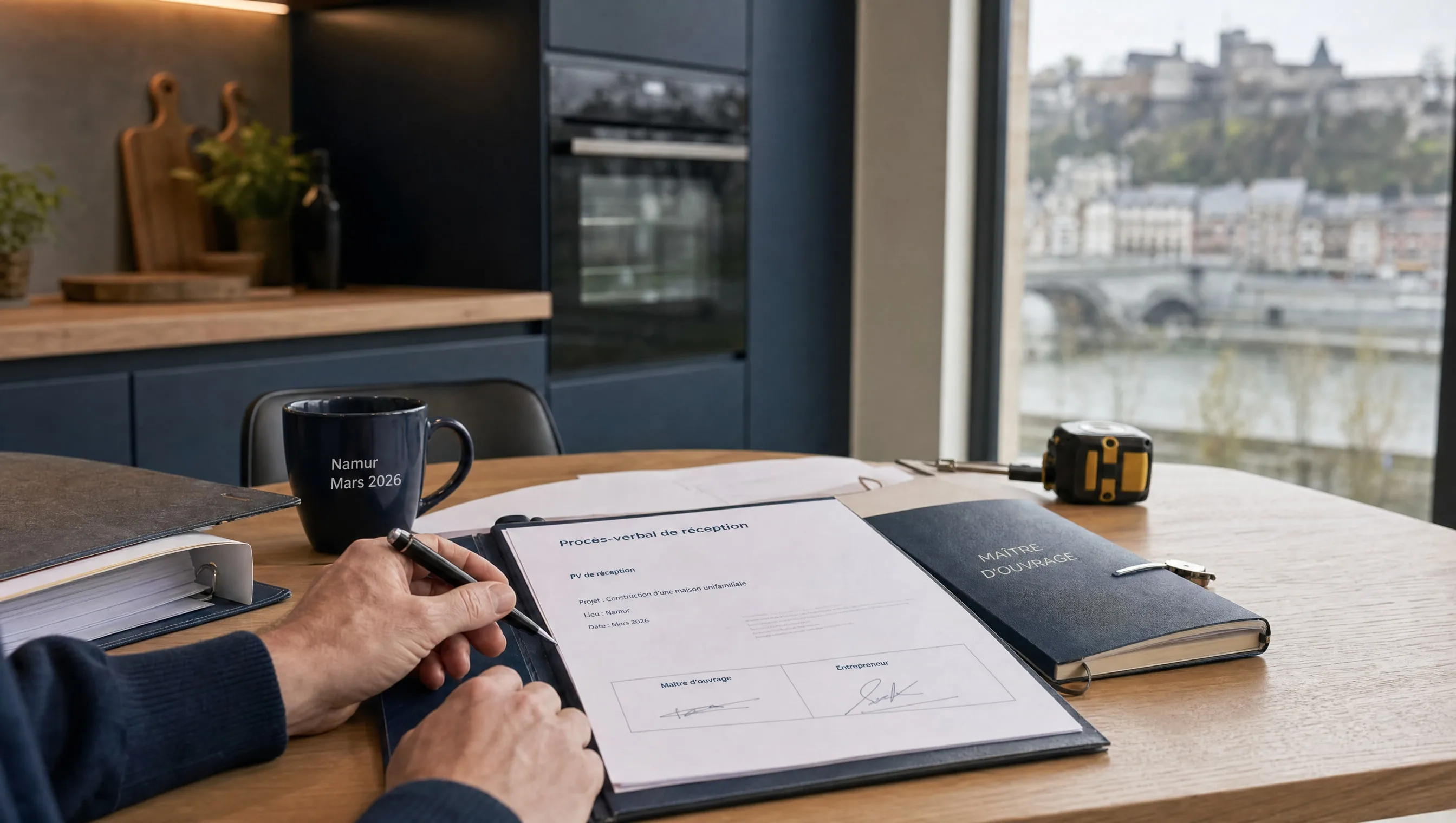Owner alone in front of reception minutes, kitchen table, open file, Namur, March 2026