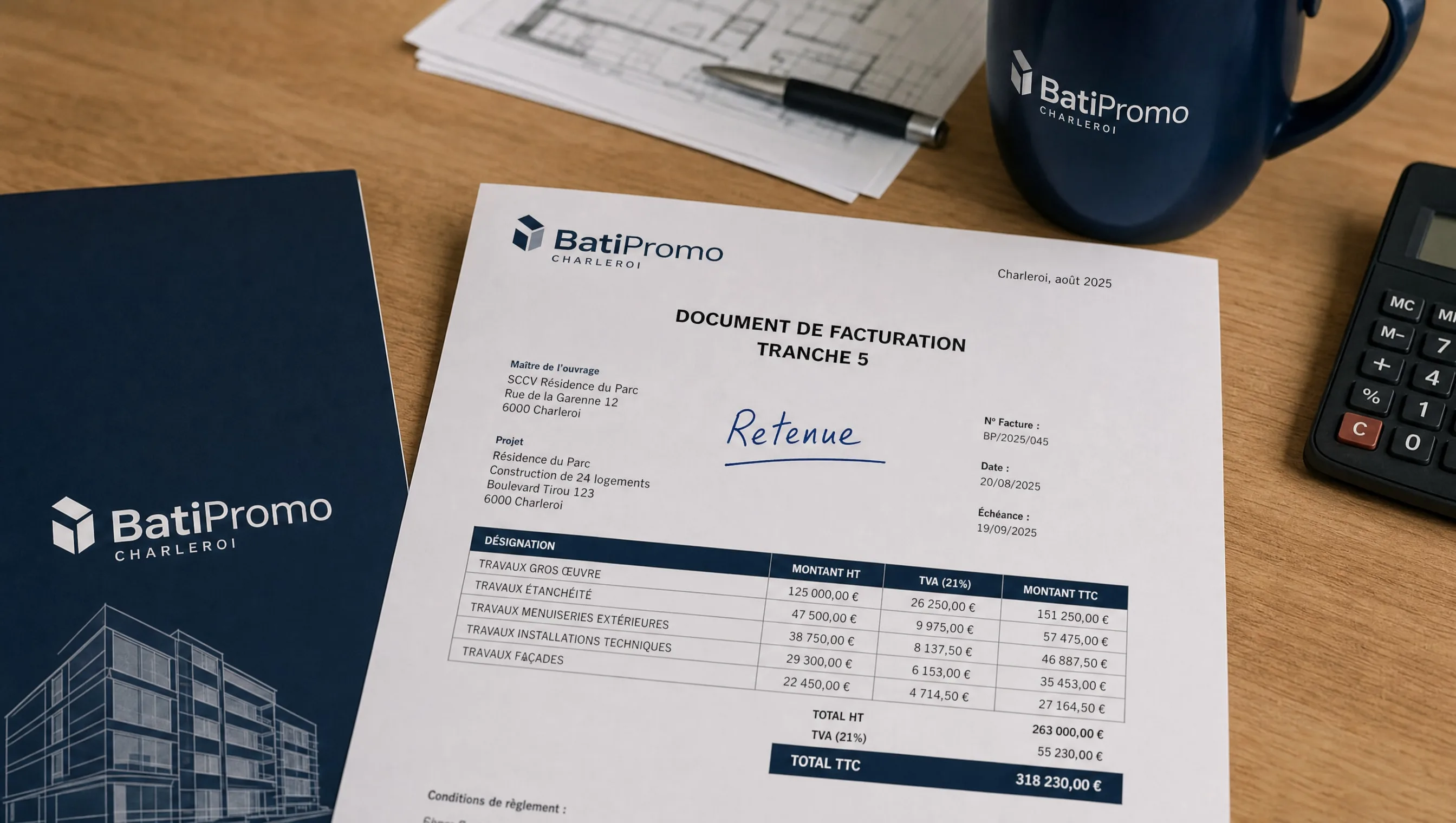 Instalment 5 invoicing document with handwritten retention note, light wooden table, Charleroi, August 2025