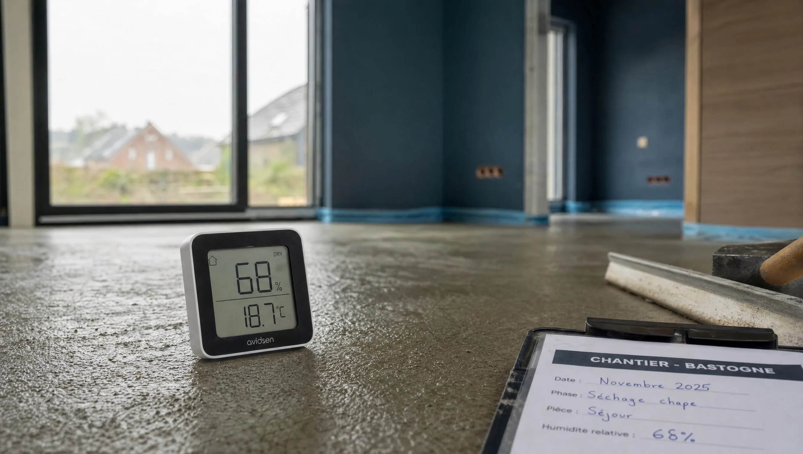 Digital hygrometer on fresh screed in drying new build, Bastogne, November 2025