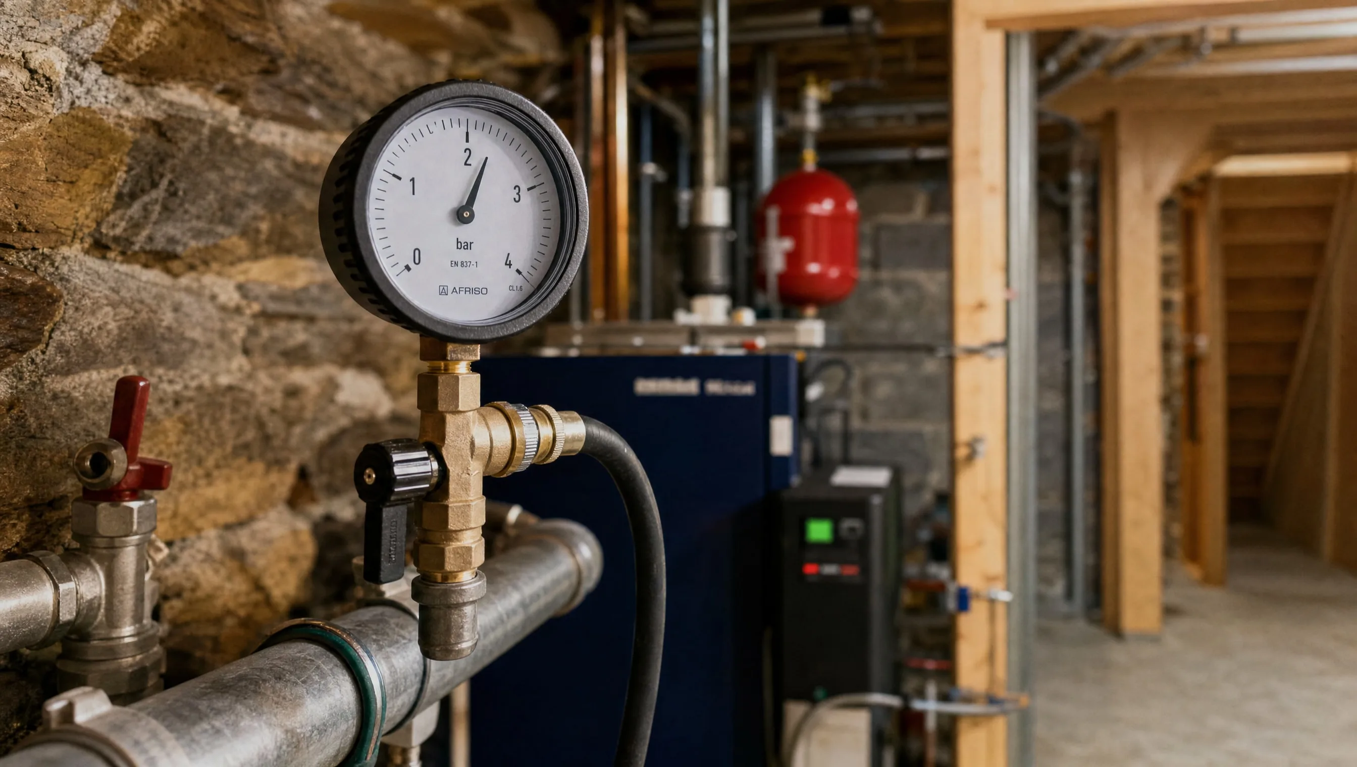 Pressure gauge connected to central heating circuit during pressure test, basement boiler room, Liège, March 2026