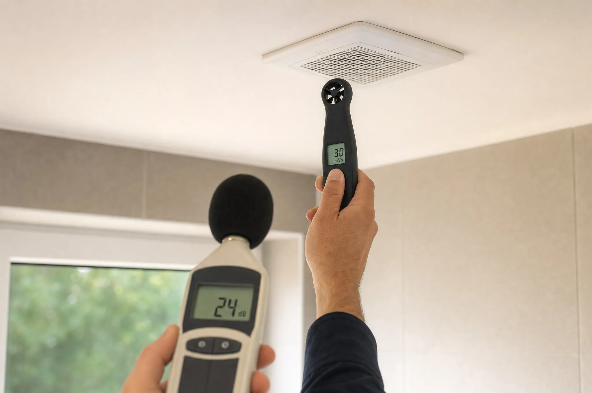 silent MVHR 24 dB · flow 30 m³/h bathroom