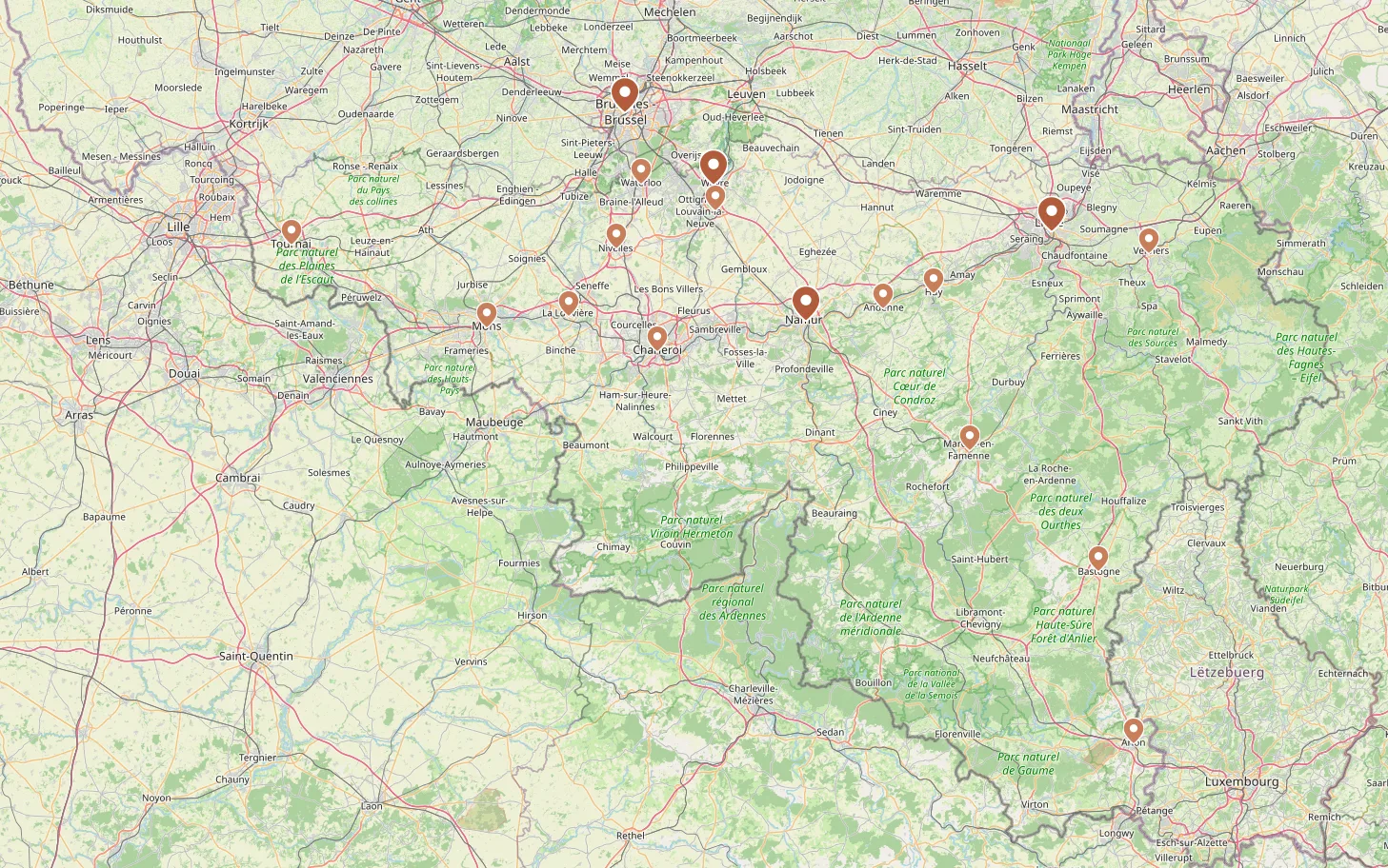 Map of Wallonia and Brussels · 17 service areas · pins on Brussels, Wavre, Liège, Namur and 13 other principal cities